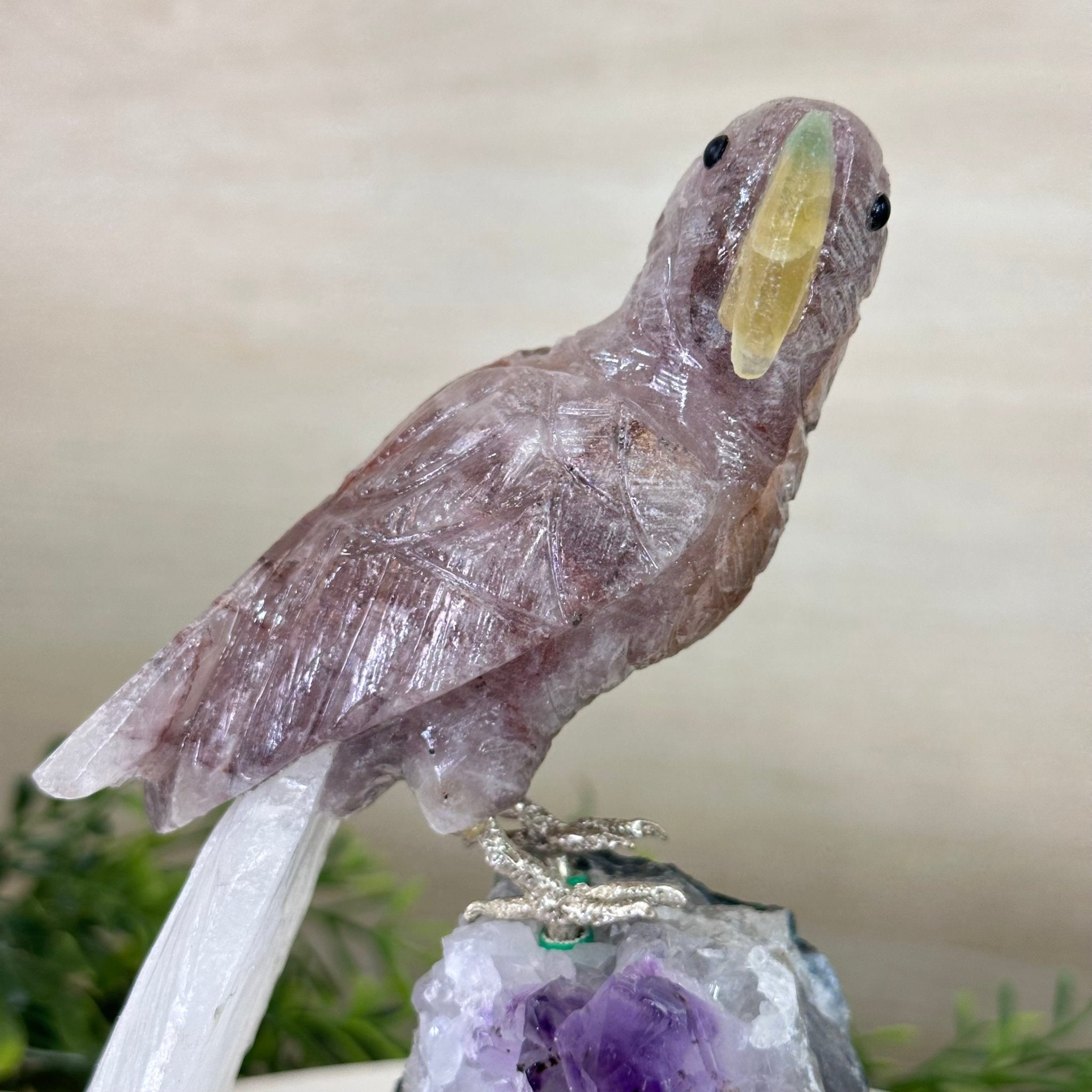 Large Hand - Carved Fire Quartz Parrot on an Amethyst Base, 8.1" Tall #3004 - FQPAM - 020 - Brazil GemsBrazil GemsLarge Hand - Carved Fire Quartz Parrot on an Amethyst Base, 8.1" Tall #3004 - FQPAM - 020Crystal Birds3004 - FQPAM - 020