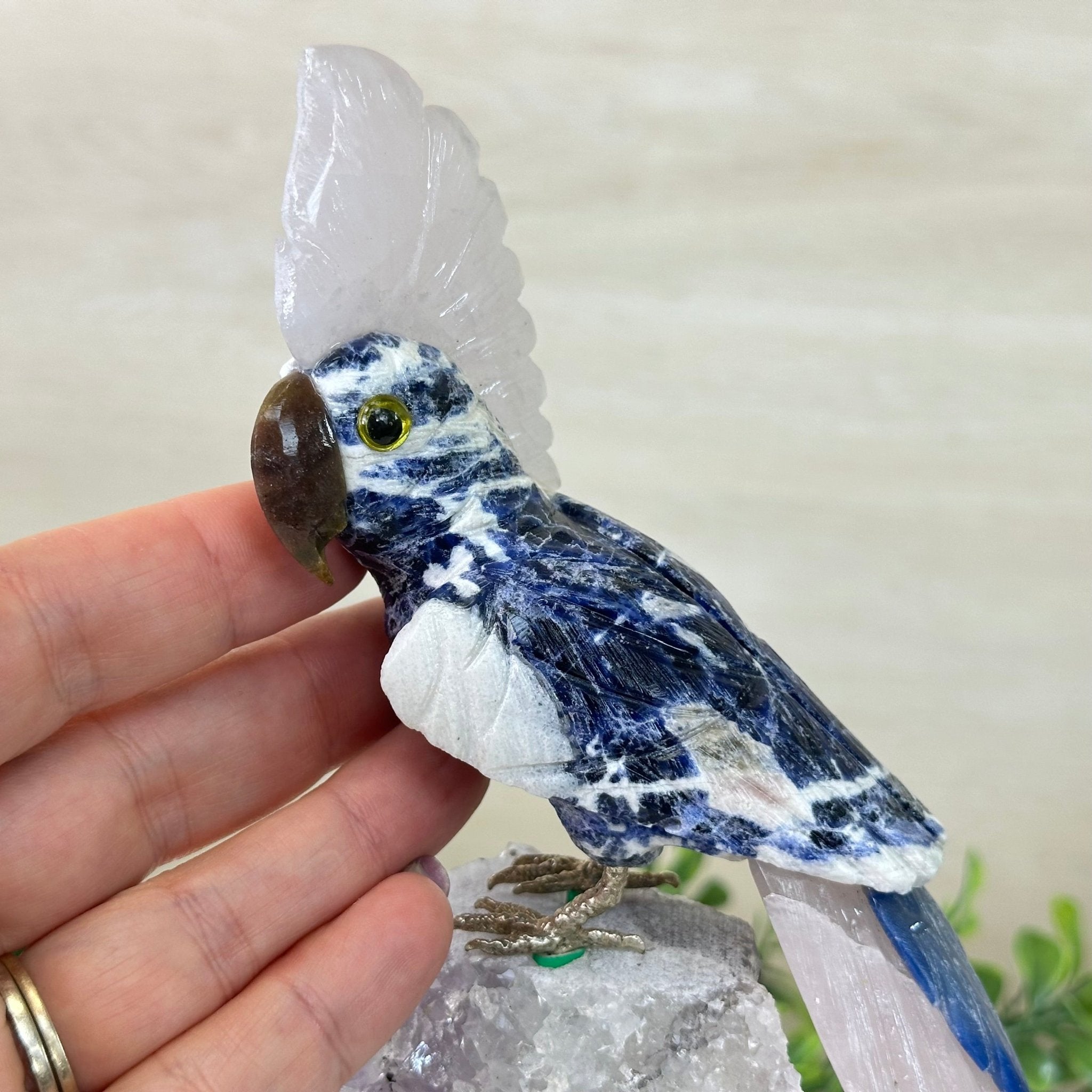 Large Hand - Carved Sodalite Cockatoo 8.3" Long on an Amethyst Base #3004 - SOCAM - 047 - Brazil GemsBrazil GemsLarge Hand - Carved Sodalite Cockatoo 8.3" Long on an Amethyst Base #3004 - SOCAM - 047Crystal Birds3004 - SOCAM - 047