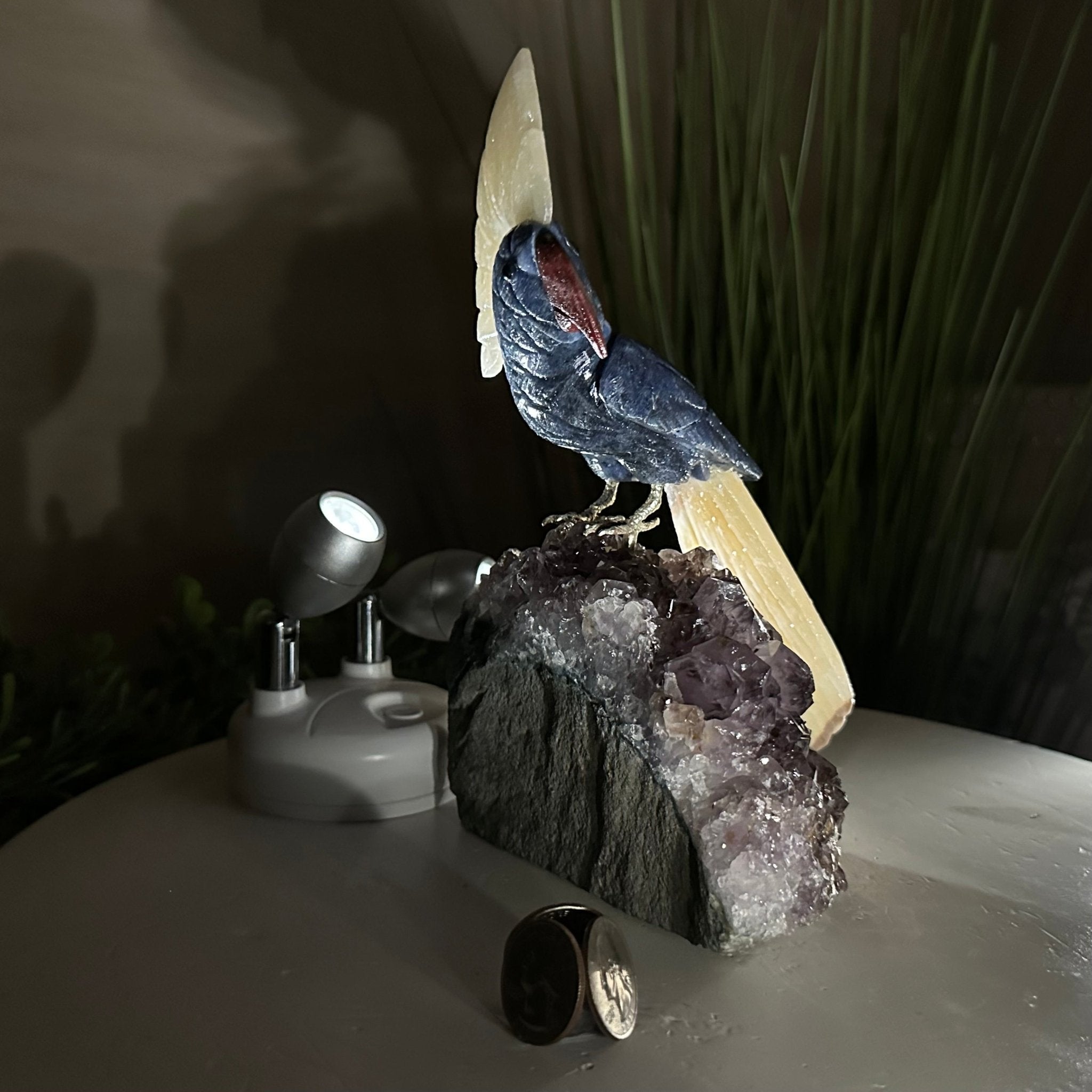 Large Hand - Carved Sodalite Cockatoo 9" Long on an Amethyst Base #3004 - SOCAM - 046 - Brazil GemsBrazil GemsLarge Hand - Carved Sodalite Cockatoo 9" Long on an Amethyst Base #3004 - SOCAM - 046Crystal Birds3004 - SOCAM - 046