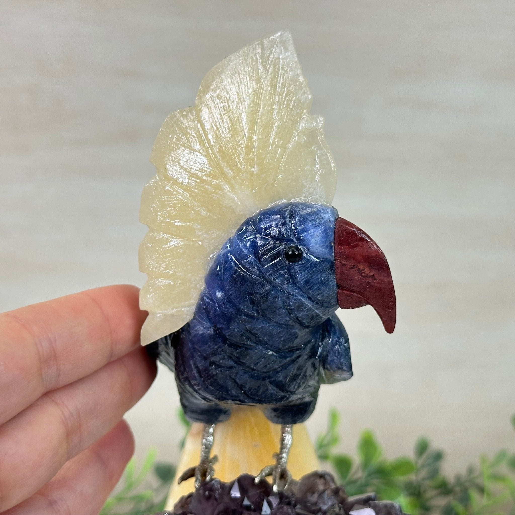 Large Hand - Carved Sodalite Cockatoo 9" Long on an Amethyst Base #3004 - SOCAM - 046 - Brazil GemsBrazil GemsLarge Hand - Carved Sodalite Cockatoo 9" Long on an Amethyst Base #3004 - SOCAM - 046Crystal Birds3004 - SOCAM - 046