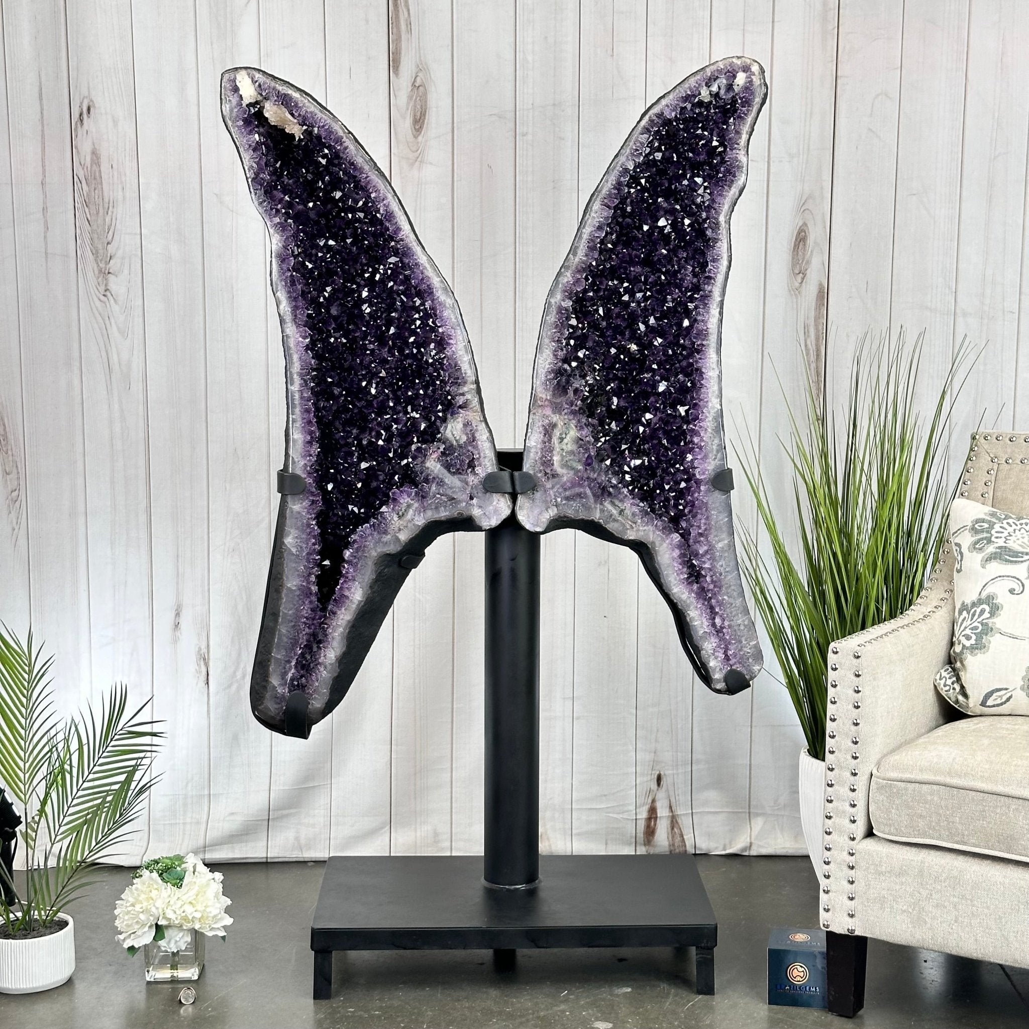 Large Super Quality Amethyst Wings on a Metal Stand, 337 lbs, 63" Tall #5493-0038 - Brazil GemsBrazil GemsLarge Super Quality Amethyst Wings on a Metal Stand, 337 lbs, 63" Tall #5493-0038Amethyst Butterfly Wings5493-0038
