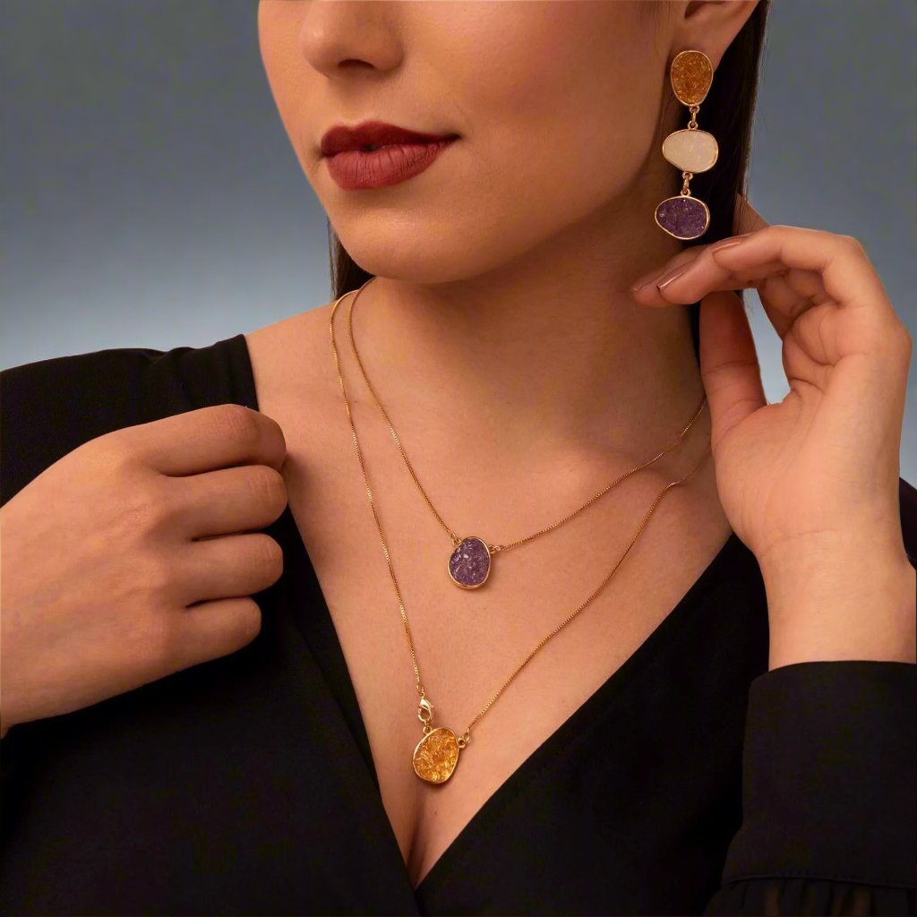 Layered Pendants w/ Natural Gemstone Fragments 18K Gold Plated Necklace - Brazil GemsBrazil GemsLayered Pendants w/ Natural Gemstone Fragments 18K Gold Plated NecklaceNecklace12GP1321 - 212