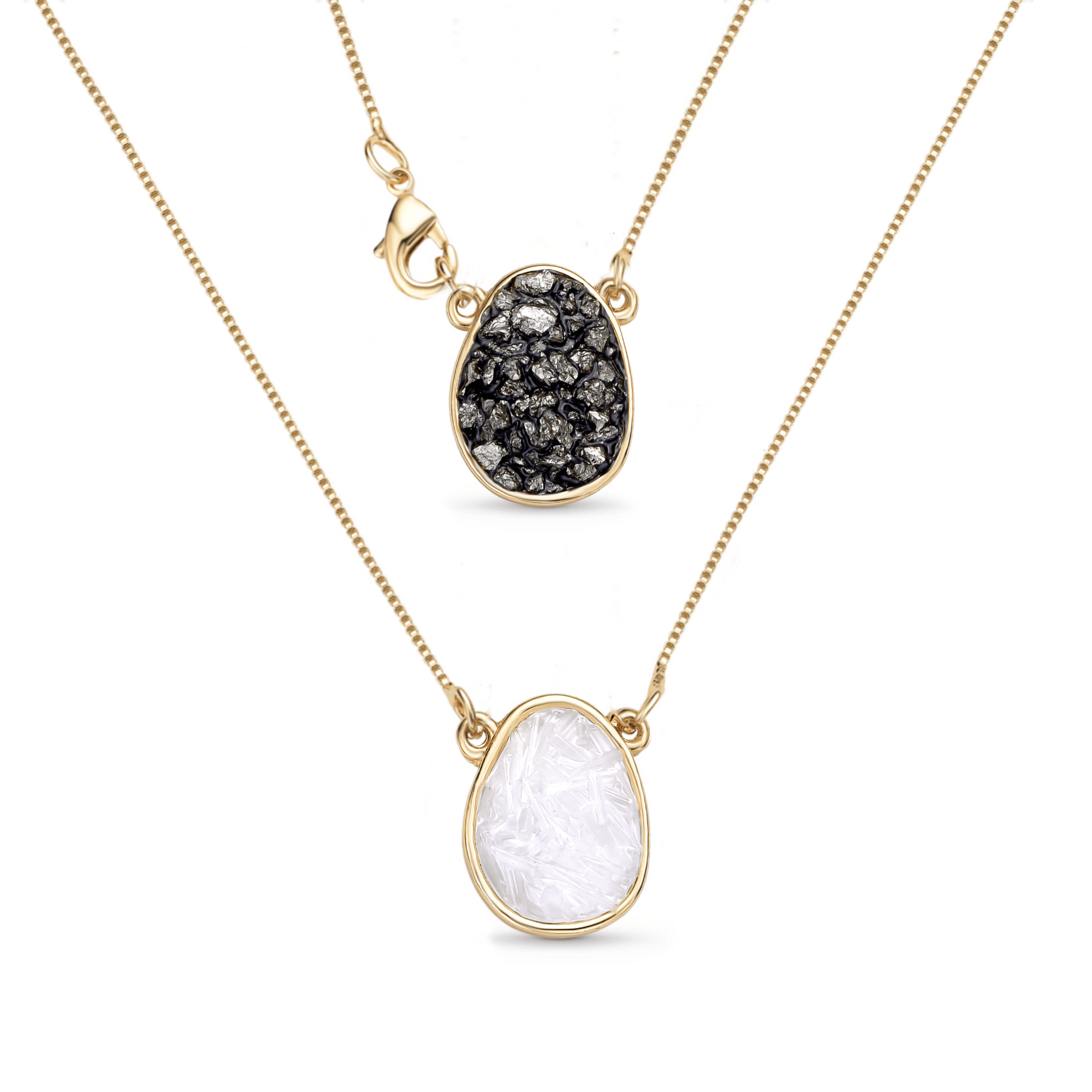 Layered Pendants w/ Natural Gemstone Fragments 18K Gold Plated Necklace  Pyrite Selenite Fragments