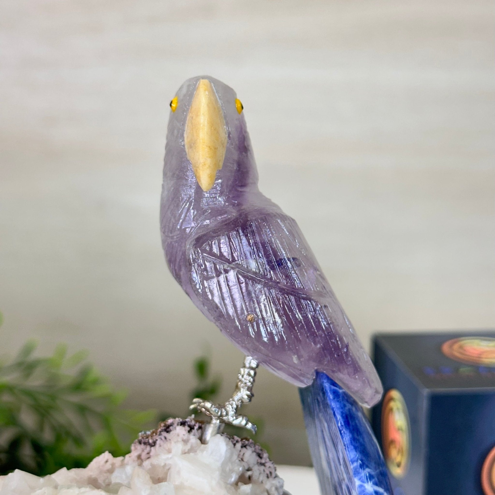 Medium Hand - Carved Amethyst Parrot on a White Calcite Base, 6.5" Tall #3003 - AMPWC - 020 - Brazil GemsBrazil GemsMedium Hand - Carved Amethyst Parrot on a White Calcite Base, 6.5" Tall #3003 - AMPWC - 020Crystal Birds3003 - AMPWC - 020