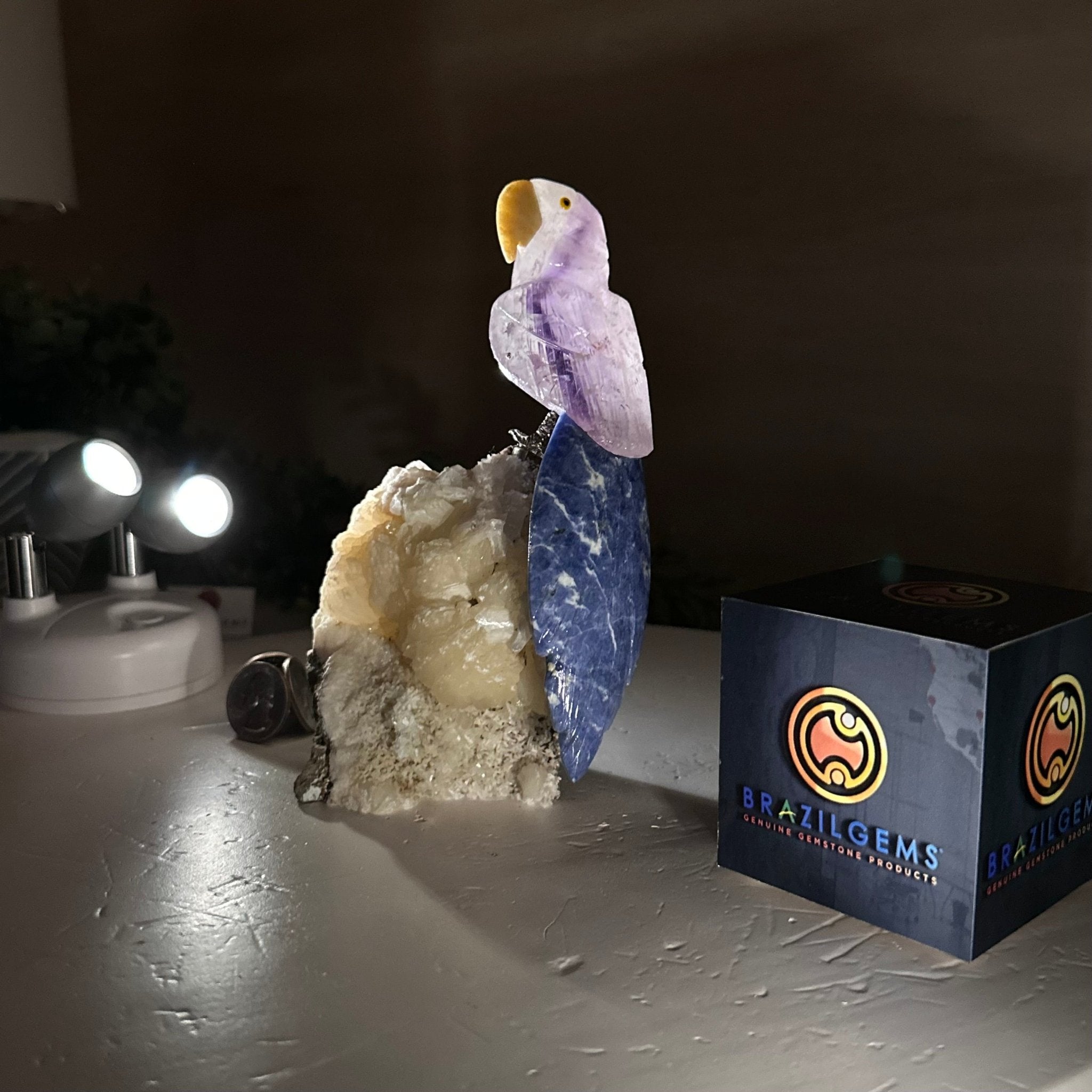 Medium Hand - Carved Amethyst Parrot on a White Calcite Base, 6.5" Tall #3003 - AMPWC - 020 - Brazil GemsBrazil GemsMedium Hand - Carved Amethyst Parrot on a White Calcite Base, 6.5" Tall #3003 - AMPWC - 020Crystal Birds3003 - AMPWC - 020