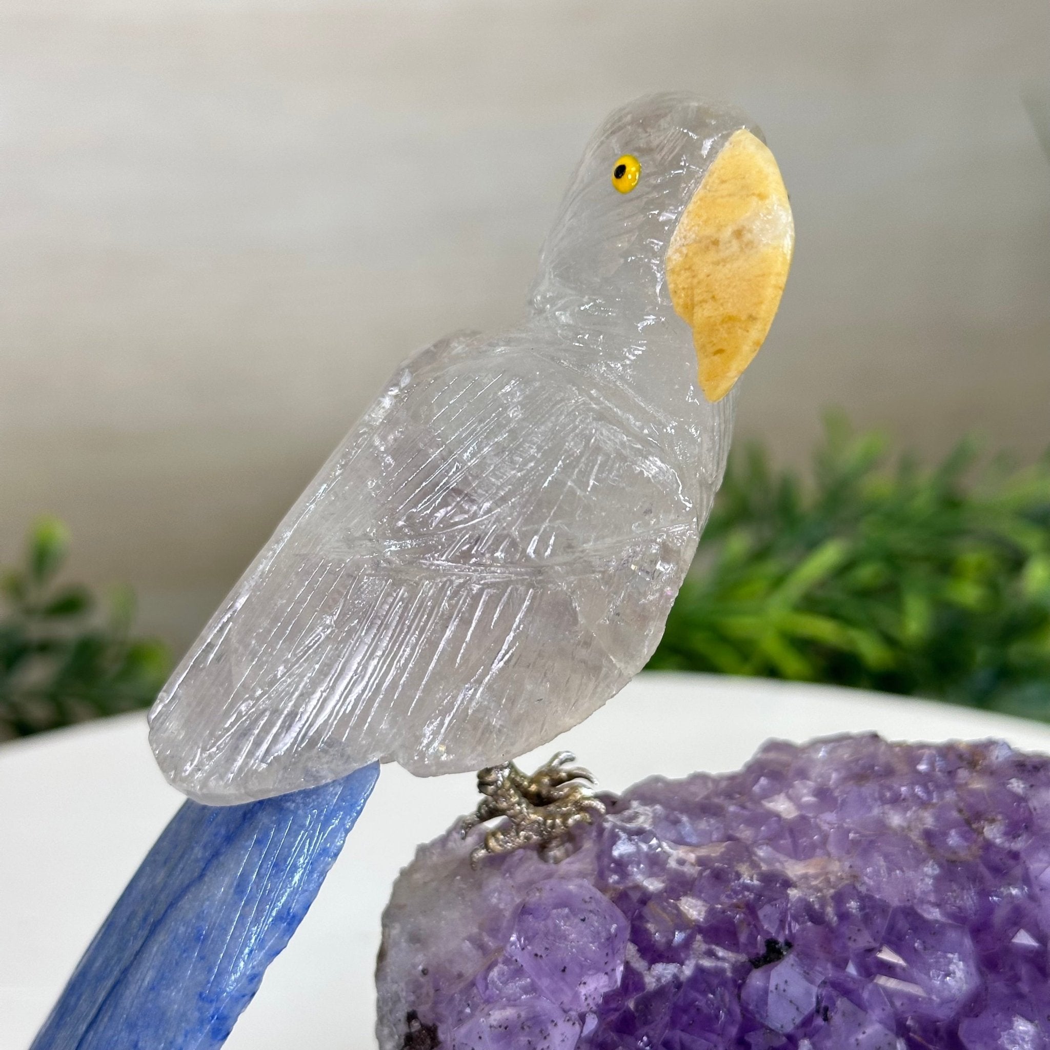 Medium Hand - Carved Clear Quartz Parrot on an Amethyst Base, 5.8" Tall #3003 - CQPAM - 017 - Brazil GemsBrazil GemsMedium Hand - Carved Clear Quartz Parrot on an Amethyst Base, 5.8" Tall #3003 - CQPAM - 017Crystal Birds3003 - CQPAM - 017