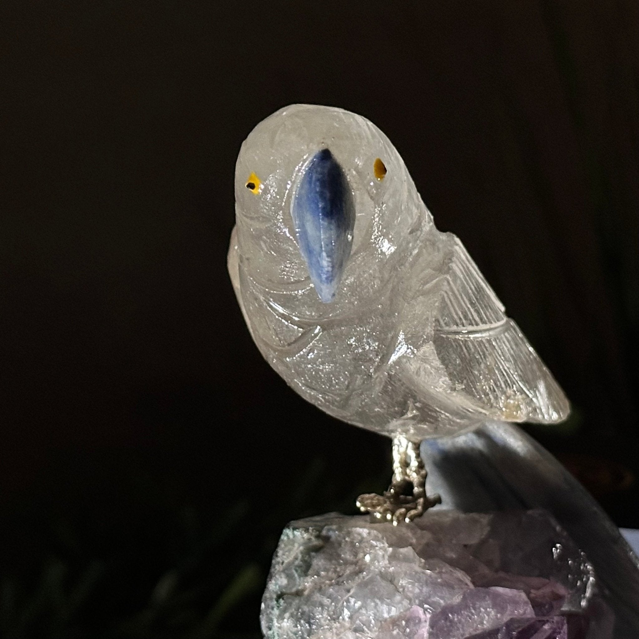 Medium Hand - Carved Clear Quartz Parrot on an Amethyst Base, 6.2" Tall #3003 - CQPAM - 015 - Brazil GemsBrazil GemsMedium Hand - Carved Clear Quartz Parrot on an Amethyst Base, 6.2" Tall #3003 - CQPAM - 015Crystal Birds3003 - CQPAM - 015