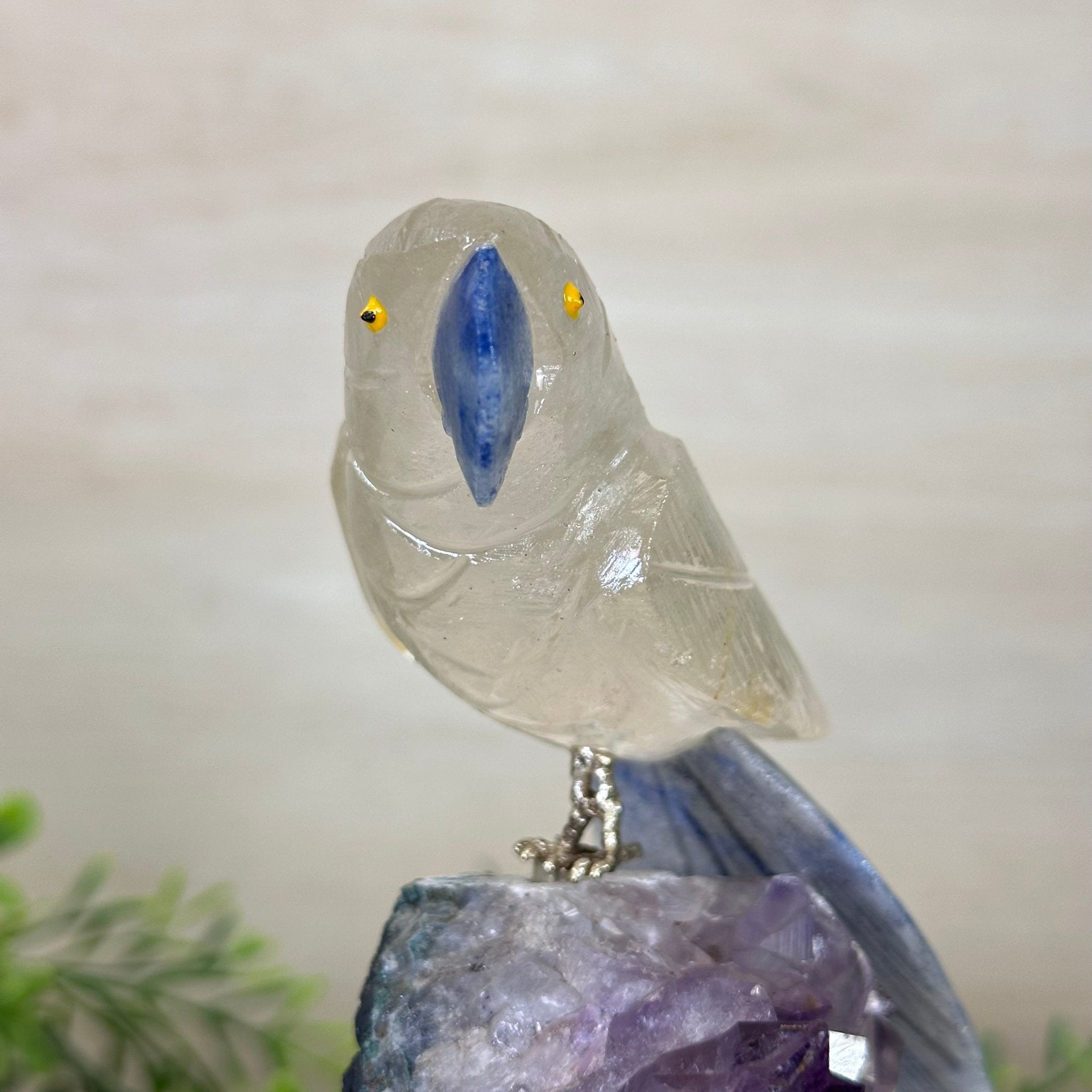 Medium Hand - Carved Clear Quartz Parrot on an Amethyst Base, 6.2" Tall #3003 - CQPAM - 015 - Brazil GemsBrazil GemsMedium Hand - Carved Clear Quartz Parrot on an Amethyst Base, 6.2" Tall #3003 - CQPAM - 015Crystal Birds3003 - CQPAM - 015