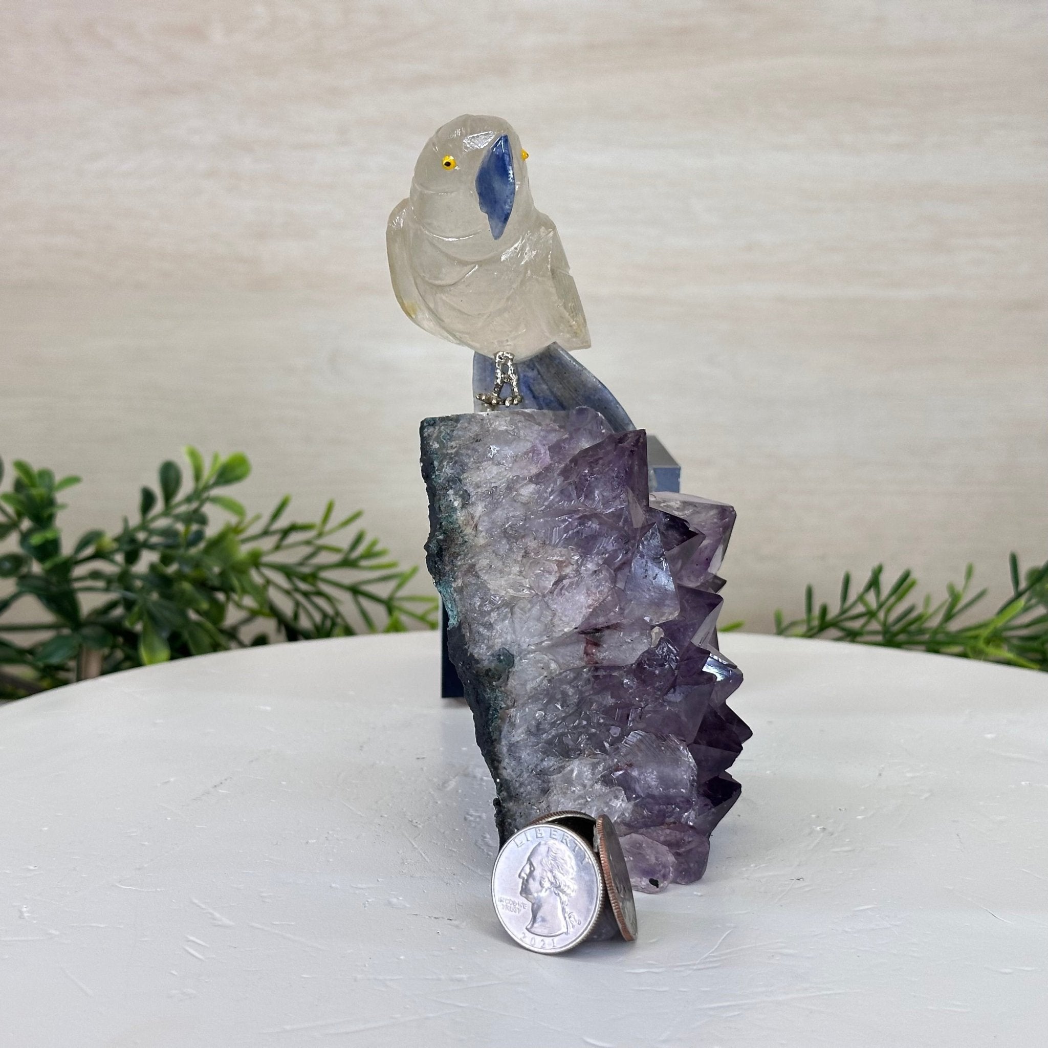 Medium Hand - Carved Clear Quartz Parrot on an Amethyst Base, 6.2" Tall #3003 - CQPAM - 015 - Brazil GemsBrazil GemsMedium Hand - Carved Clear Quartz Parrot on an Amethyst Base, 6.2" Tall #3003 - CQPAM - 015Crystal Birds3003 - CQPAM - 015