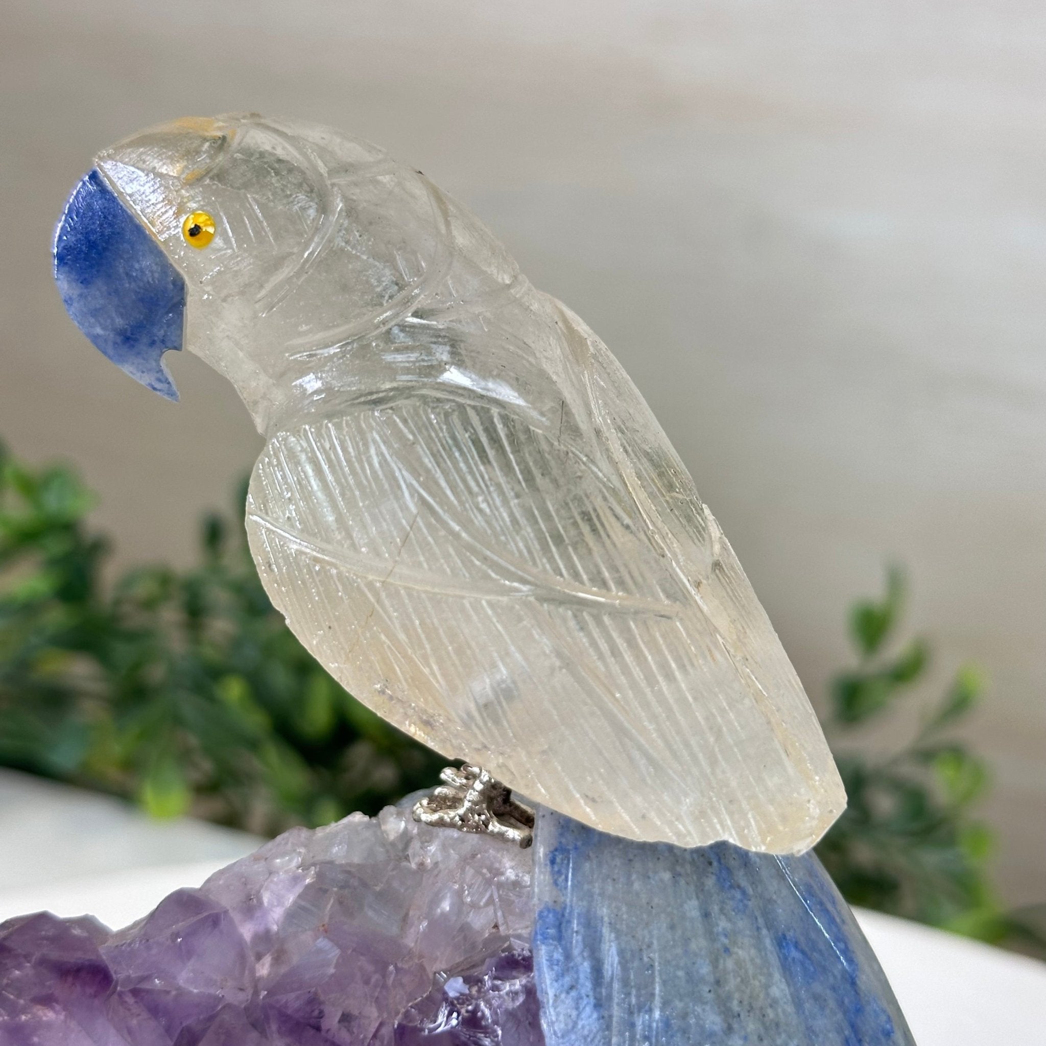 Medium Hand - Carved Clear Quartz Parrot on an Amethyst Base, 6.2" Tall #3003 - CQPAM - 015 - Brazil GemsBrazil GemsMedium Hand - Carved Clear Quartz Parrot on an Amethyst Base, 6.2" Tall #3003 - CQPAM - 015Crystal Birds3003 - CQPAM - 015