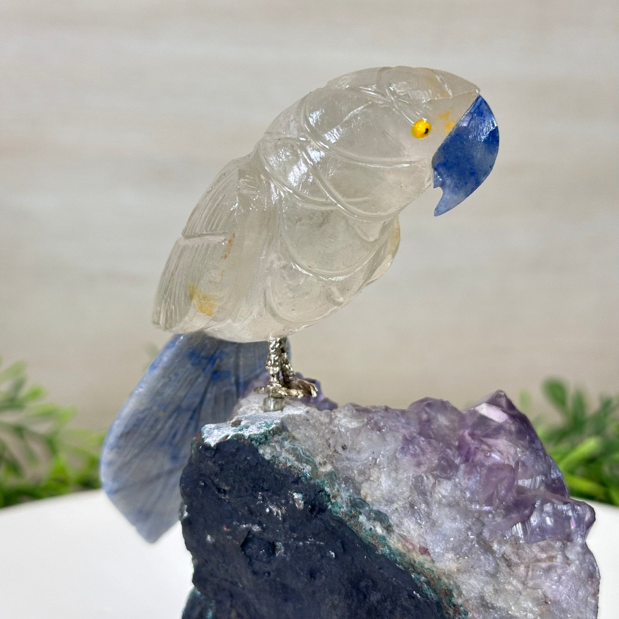 Medium Hand - Carved Clear Quartz Parrot on an Amethyst Base, 6.2" Tall #3003 - CQPAM - 015 - Brazil GemsBrazil GemsMedium Hand - Carved Clear Quartz Parrot on an Amethyst Base, 6.2" Tall #3003 - CQPAM - 015Crystal Birds3003 - CQPAM - 015