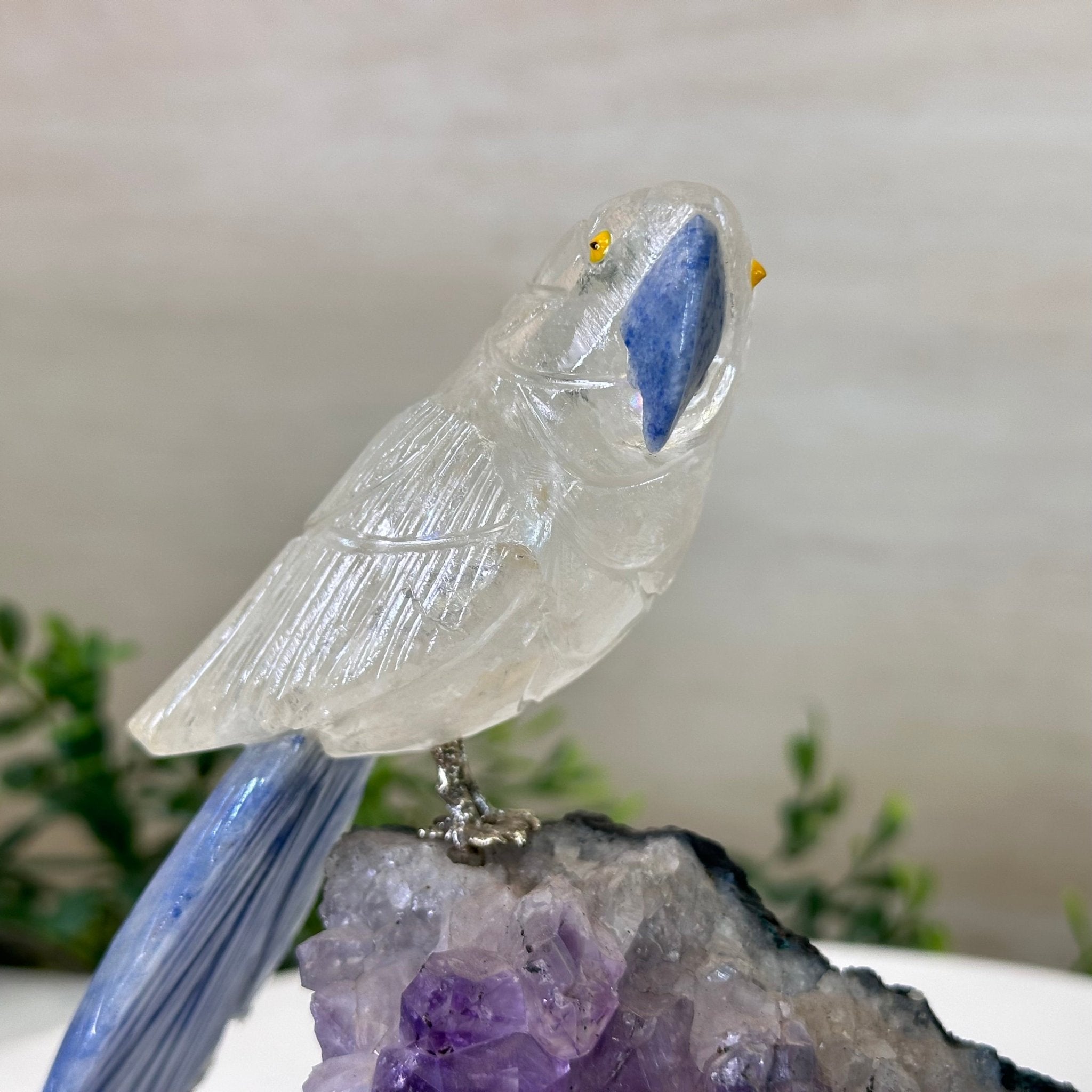 Medium Hand - Carved Clear Quartz Parrot on an Amethyst Base, 6.2" Tall #3003 - CQPAM - 018 - Brazil GemsBrazil GemsMedium Hand - Carved Clear Quartz Parrot on an Amethyst Base, 6.2" Tall #3003 - CQPAM - 018Crystal Birds3003 - CQPAM - 018