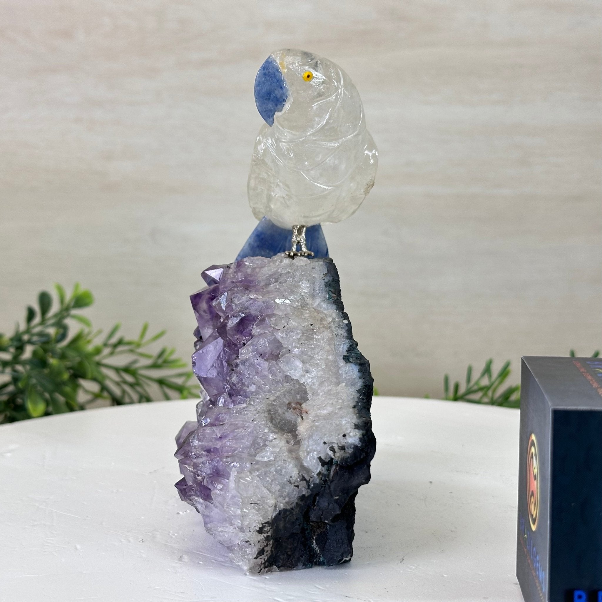 Medium Hand - Carved Clear Quartz Parrot on an Amethyst Base, 6.2" Tall #3003 - CQPAM - 018 - Brazil GemsBrazil GemsMedium Hand - Carved Clear Quartz Parrot on an Amethyst Base, 6.2" Tall #3003 - CQPAM - 018Crystal Birds3003 - CQPAM - 018