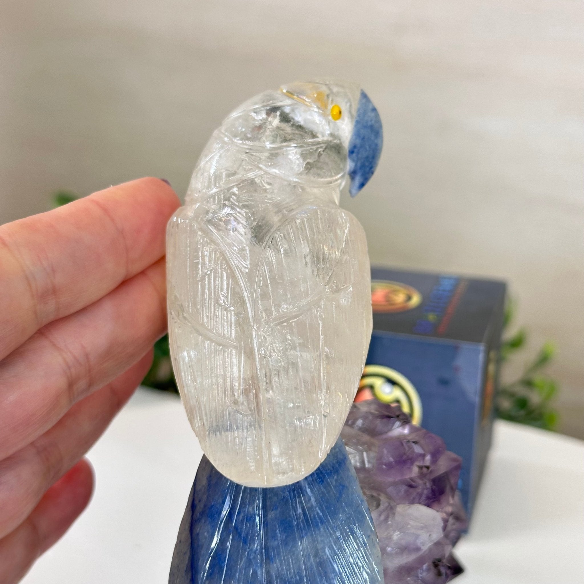 Medium Hand - Carved Clear Quartz Parrot on an Amethyst Base, 6.2" Tall #3003 - CQPAM - 018 - Brazil GemsBrazil GemsMedium Hand - Carved Clear Quartz Parrot on an Amethyst Base, 6.2" Tall #3003 - CQPAM - 018Crystal Birds3003 - CQPAM - 018