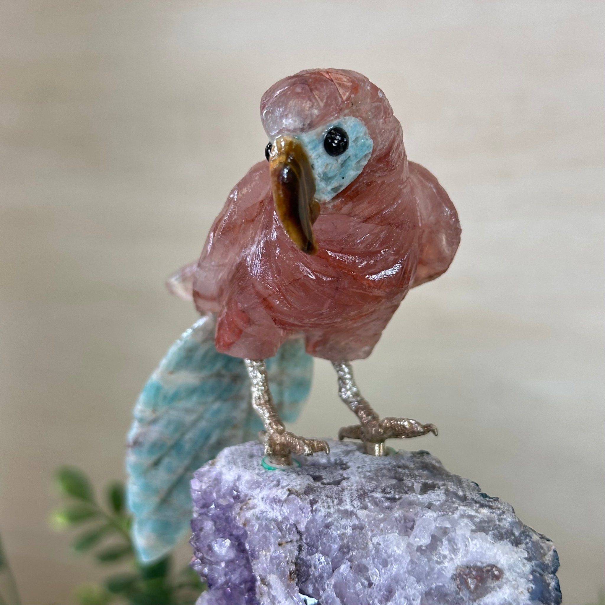 Medium Hand - Carved Fire Quartz Parrot on an Amethyst Base, 7.5" Tall #3003 - FQPAM - 021 - Brazil GemsBrazil GemsMedium Hand - Carved Fire Quartz Parrot on an Amethyst Base, 7.5" Tall #3003 - FQPAM - 021Crystal Birds3003 - FQPAM - 021