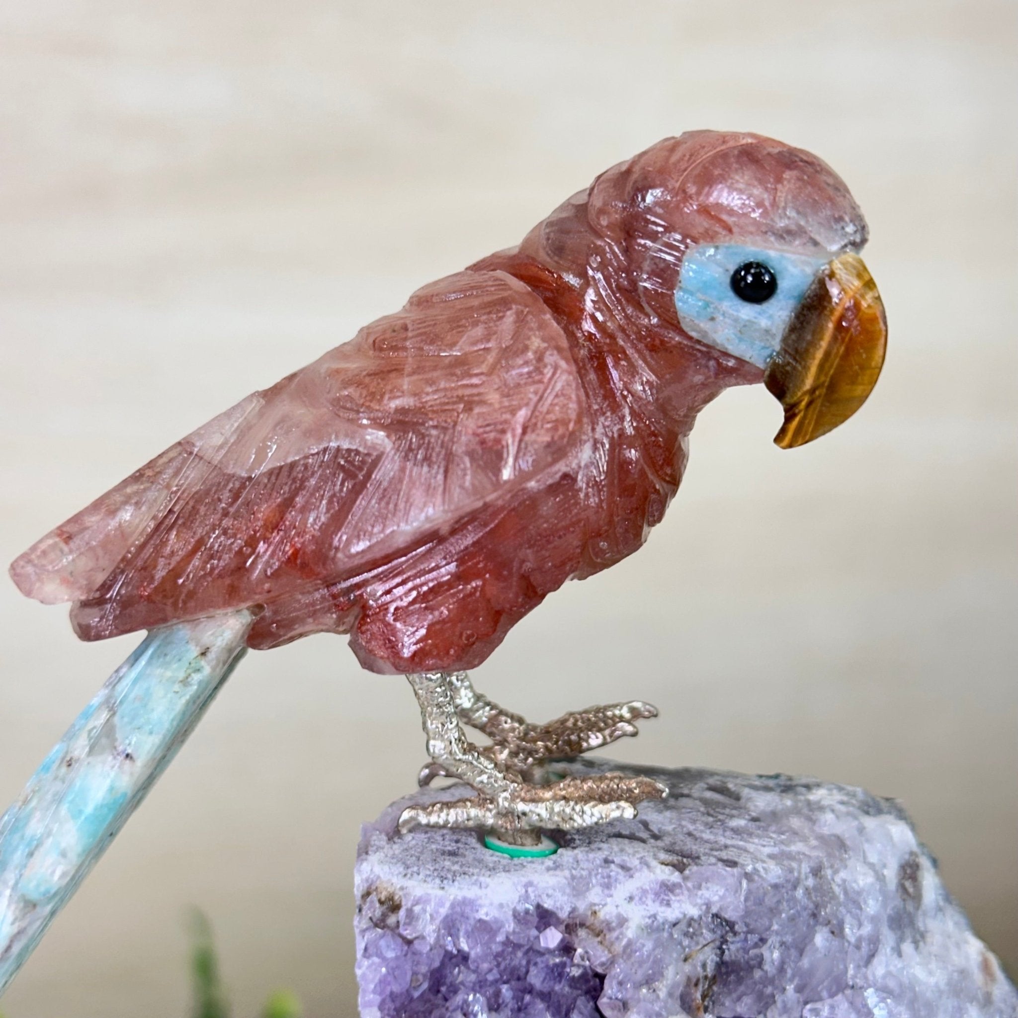 Medium Hand - Carved Fire Quartz Parrot on an Amethyst Base, 7.5" Tall #3003 - FQPAM - 021 - Brazil GemsBrazil GemsMedium Hand - Carved Fire Quartz Parrot on an Amethyst Base, 7.5" Tall #3003 - FQPAM - 021Crystal Birds3003 - FQPAM - 021