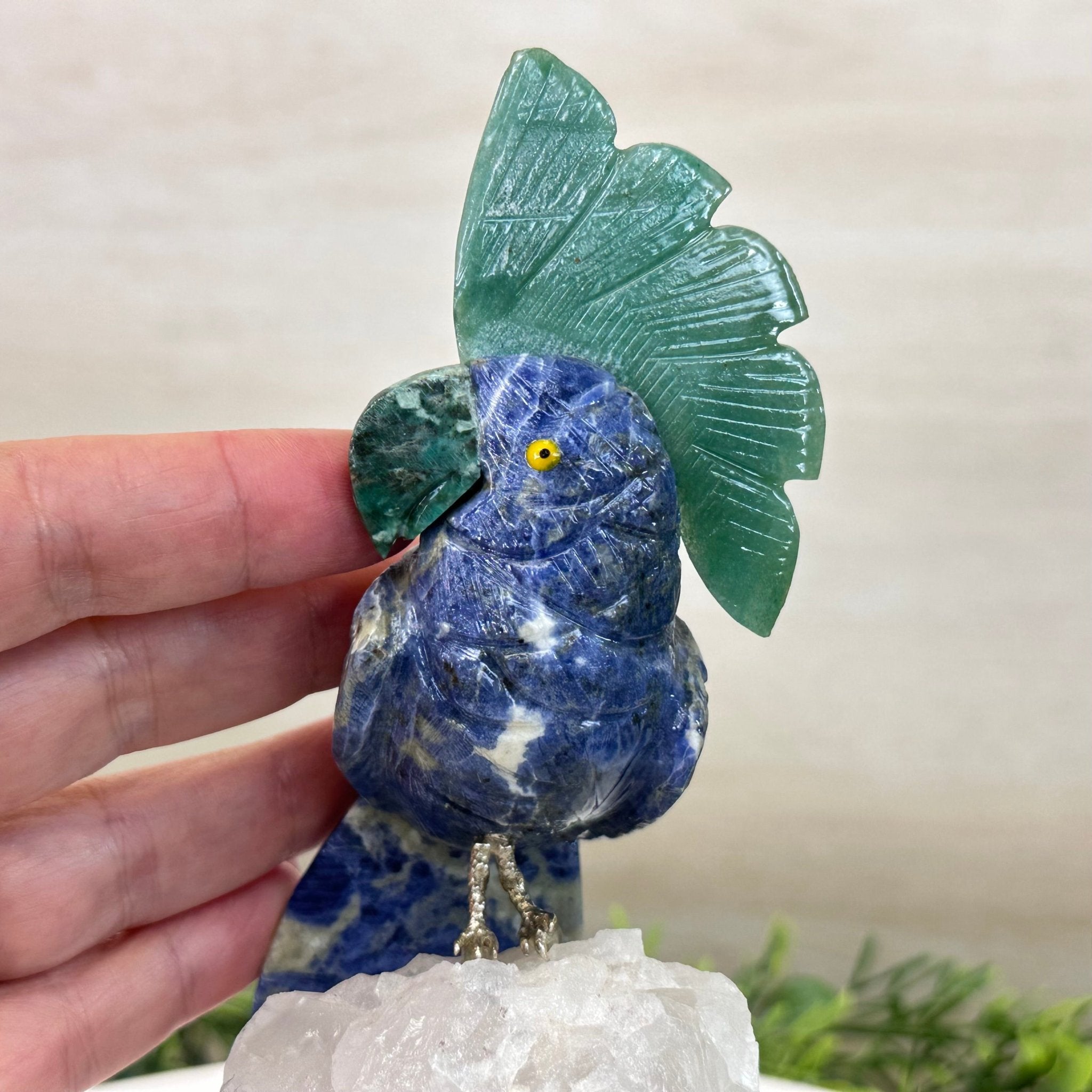 Medium Hand - Carved Sodalite Cockatoo on a Clear Quartz Base, 8.2" Tall #3003 - SOCCQ - 013 - Brazil GemsBrazil GemsMedium Hand - Carved Sodalite Cockatoo on a Clear Quartz Base, 8.2" Tall #3003 - SOCCQ - 013Crystal Birds3003 - SOCCQ - 013