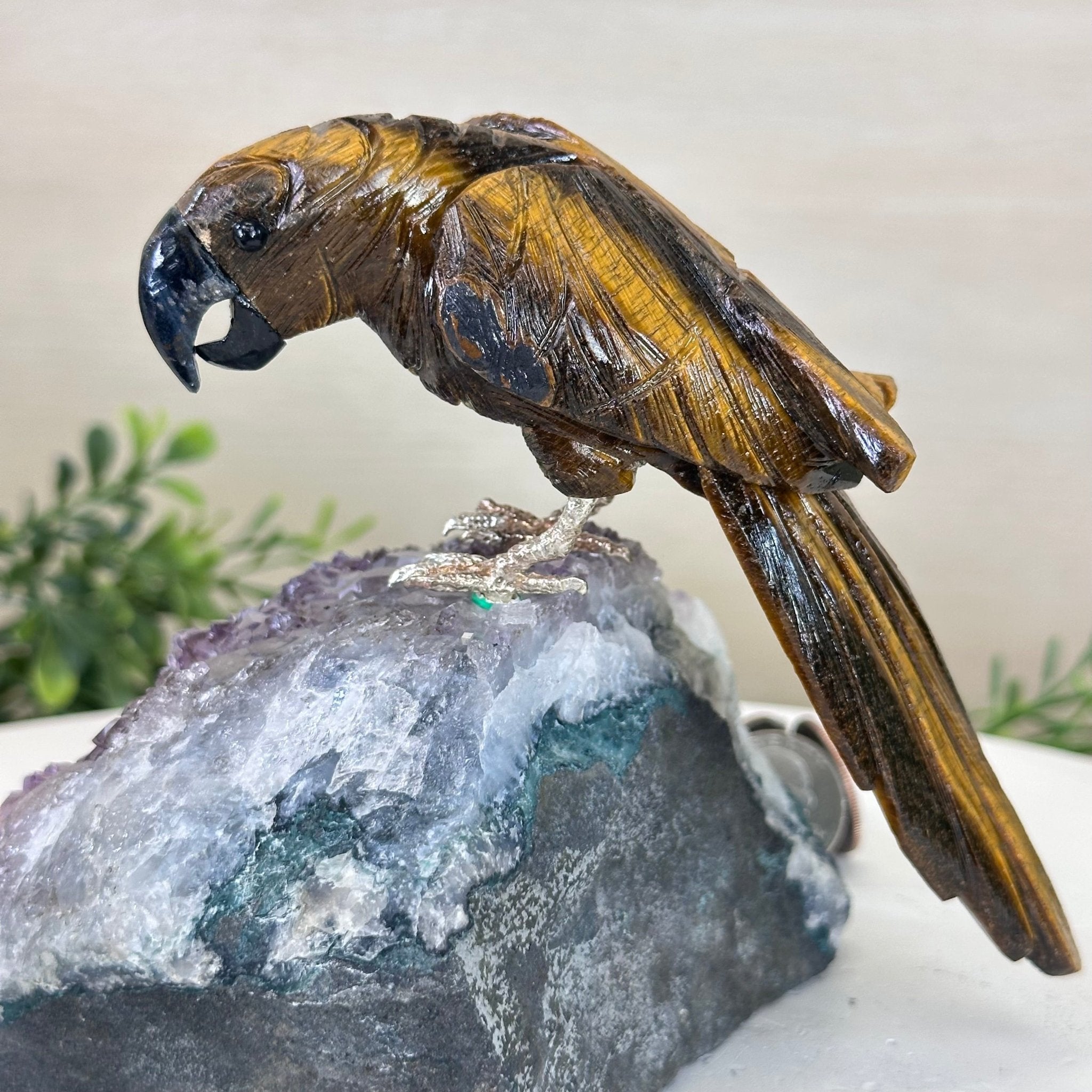 Medium Hand - Carved Tiger's Eye Parrot on an Amethyst Base, 4.6" Tall #3003 - TEPAM - 022 - Brazil GemsBrazil GemsMedium Hand - Carved Tiger's Eye Parrot on an Amethyst Base, 4.6" Tall #3003 - TEPAM - 022Crystal Birds3003 - TEPAM - 022