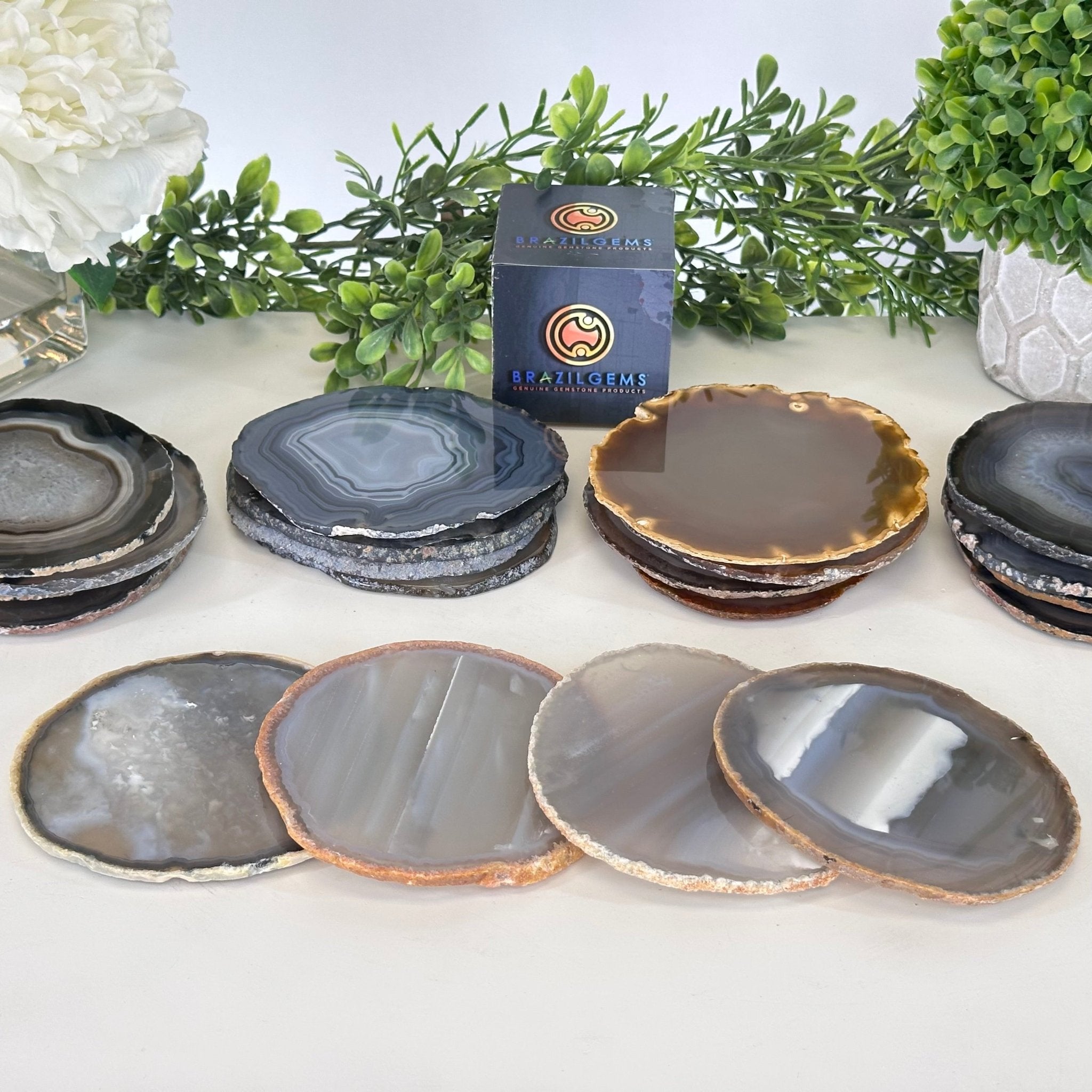 Natural Agate Coasters, Sized 3.5" to 4.5" each, Set of 4 or 8 Coasters #5205NATU - Brazil GemsBrazil GemsNatural Agate Coasters, Sized 3.5" to 4.5" each, Set of 4 or 8 Coasters #5205NATUCoaster Sets5205NATU