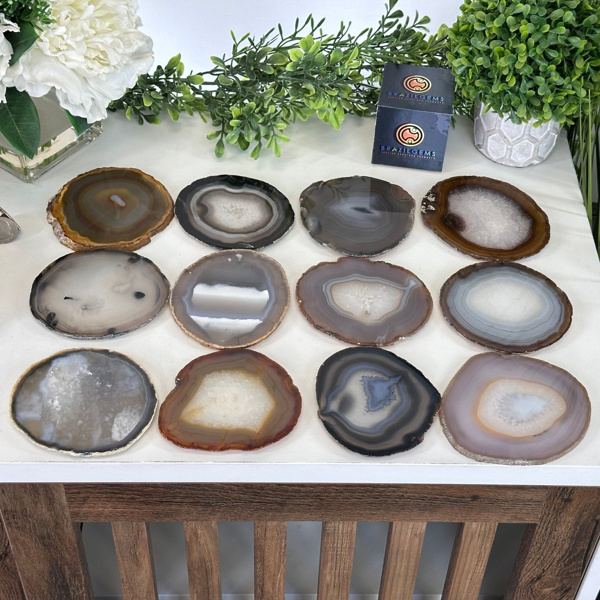 Natural Agate Coasters, Sized 3.5" to 4.5" each, Set of 4 or 8 Coasters #5205NATU - Brazil GemsBrazil GemsNatural Agate Coasters, Sized 3.5" to 4.5" each, Set of 4 or 8 Coasters #5205NATUCoaster Sets5205NATU