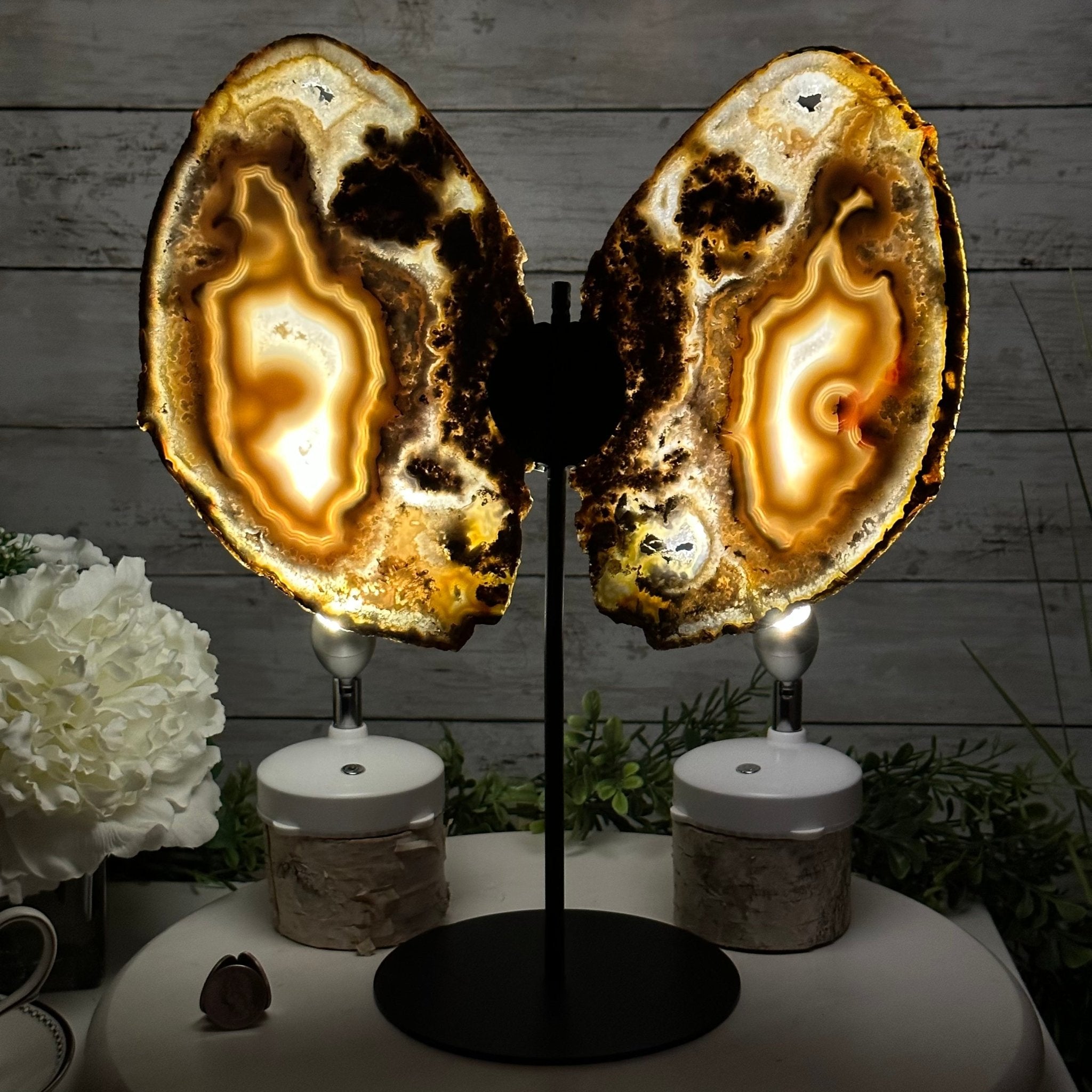 Natural Brazilian Agate "Butterfly Wings", Metal Stand, 15.6" Tall Model #5050NA-088 by Brazil Gems - Brazil GemsBrazil GemsNatural Brazilian Agate "Butterfly Wings", Metal Stand, 15.6" Tall Model #5050NA-088 by Brazil GemsAgate Butterfly Wings5050NA-088