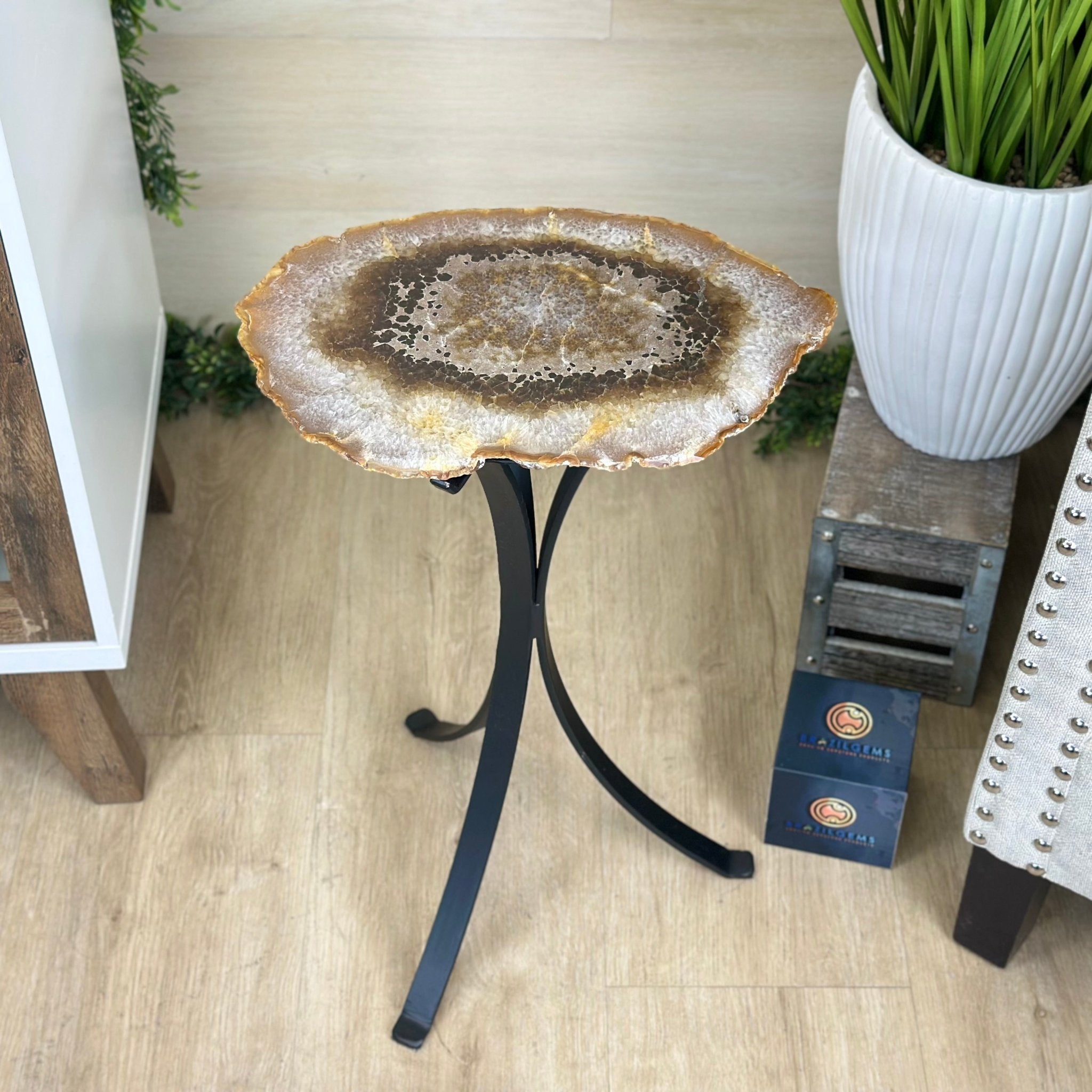 Natural Brazilian Agate Side Table on a black metal base, 21.5" Tall 1305 - 0173 - Brazil GemsBrazil GemsNatural Brazilian Agate Side Table on a black metal base, 21.5" Tall 1305 - 0173Tables: Side1305 - 0173
