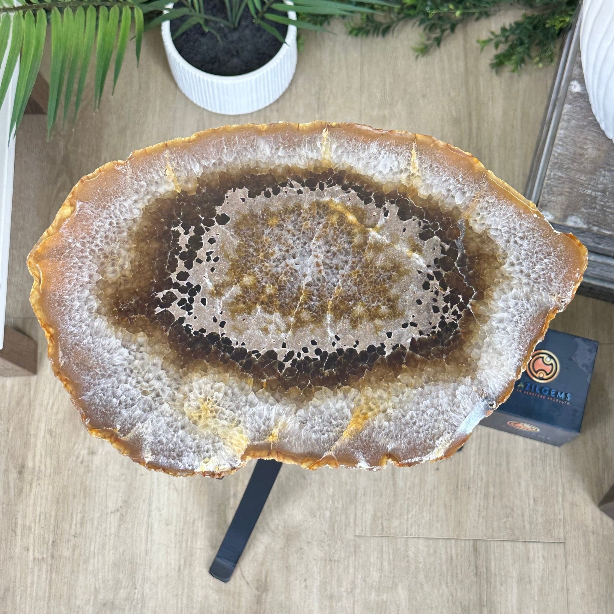 Natural Brazilian Agate Side Table on a black metal base, 21.5" Tall 1305 - 0173 - Brazil GemsBrazil GemsNatural Brazilian Agate Side Table on a black metal base, 21.5" Tall 1305 - 0173Tables: Side1305 - 0173