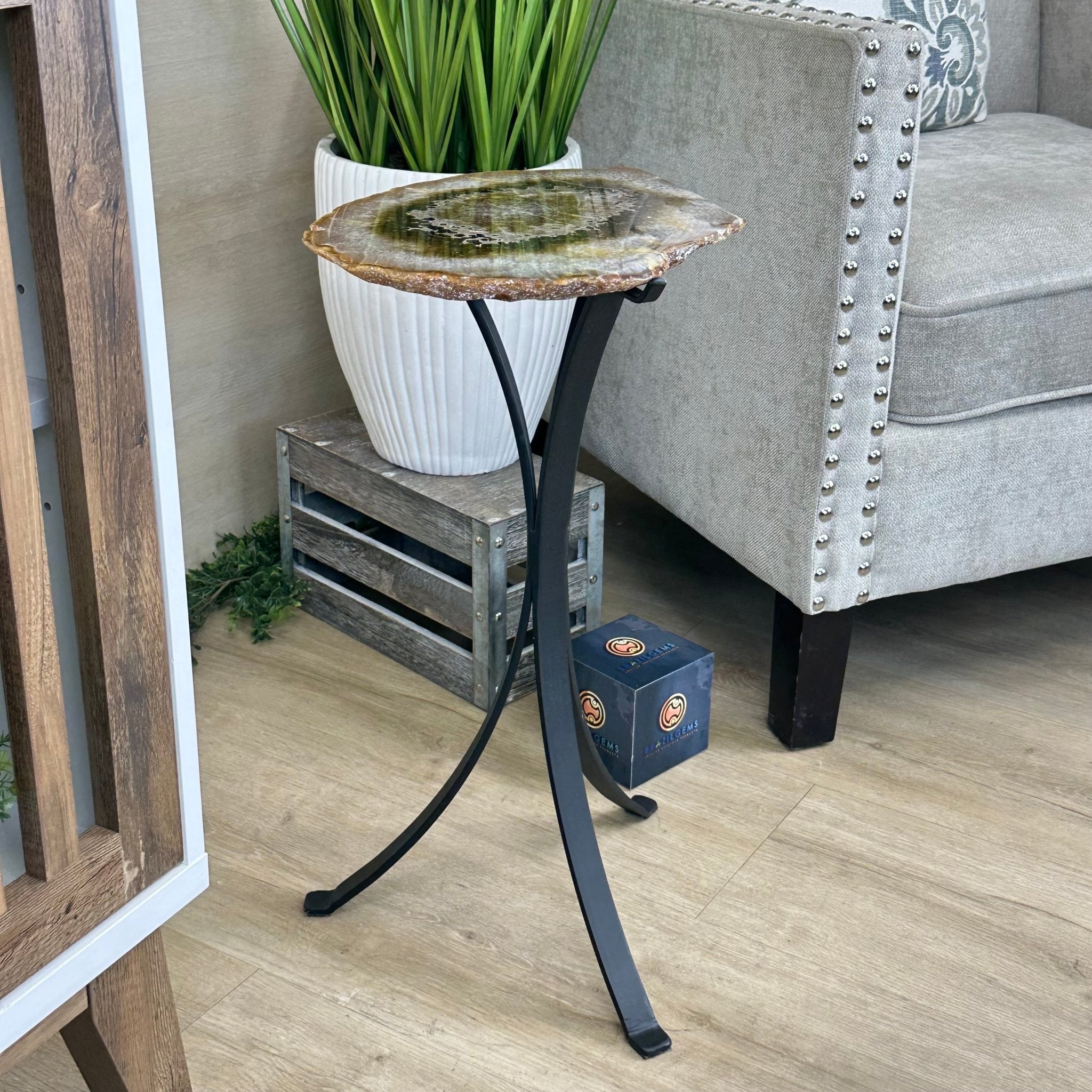Natural Brazilian Agate Side Table on a black metal base, 21.5" Tall 1305 - 0173 - Brazil GemsBrazil GemsNatural Brazilian Agate Side Table on a black metal base, 21.5" Tall 1305 - 0173Tables: Side1305 - 0173