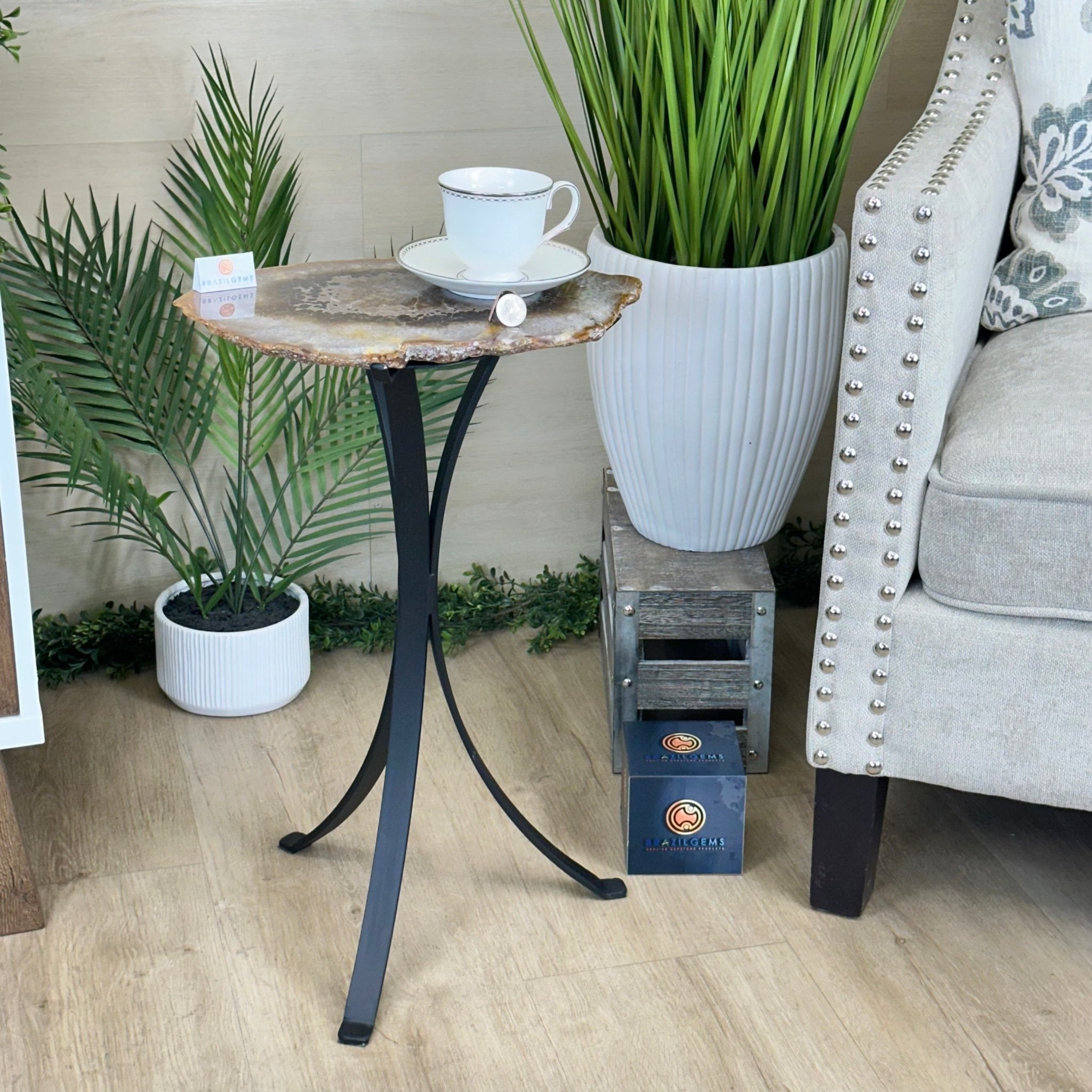 Natural Brazilian Agate Side Table on a black metal base, 21.5" Tall 1305 - 0173 - Brazil GemsBrazil GemsNatural Brazilian Agate Side Table on a black metal base, 21.5" Tall 1305 - 0173Tables: Side1305 - 0173