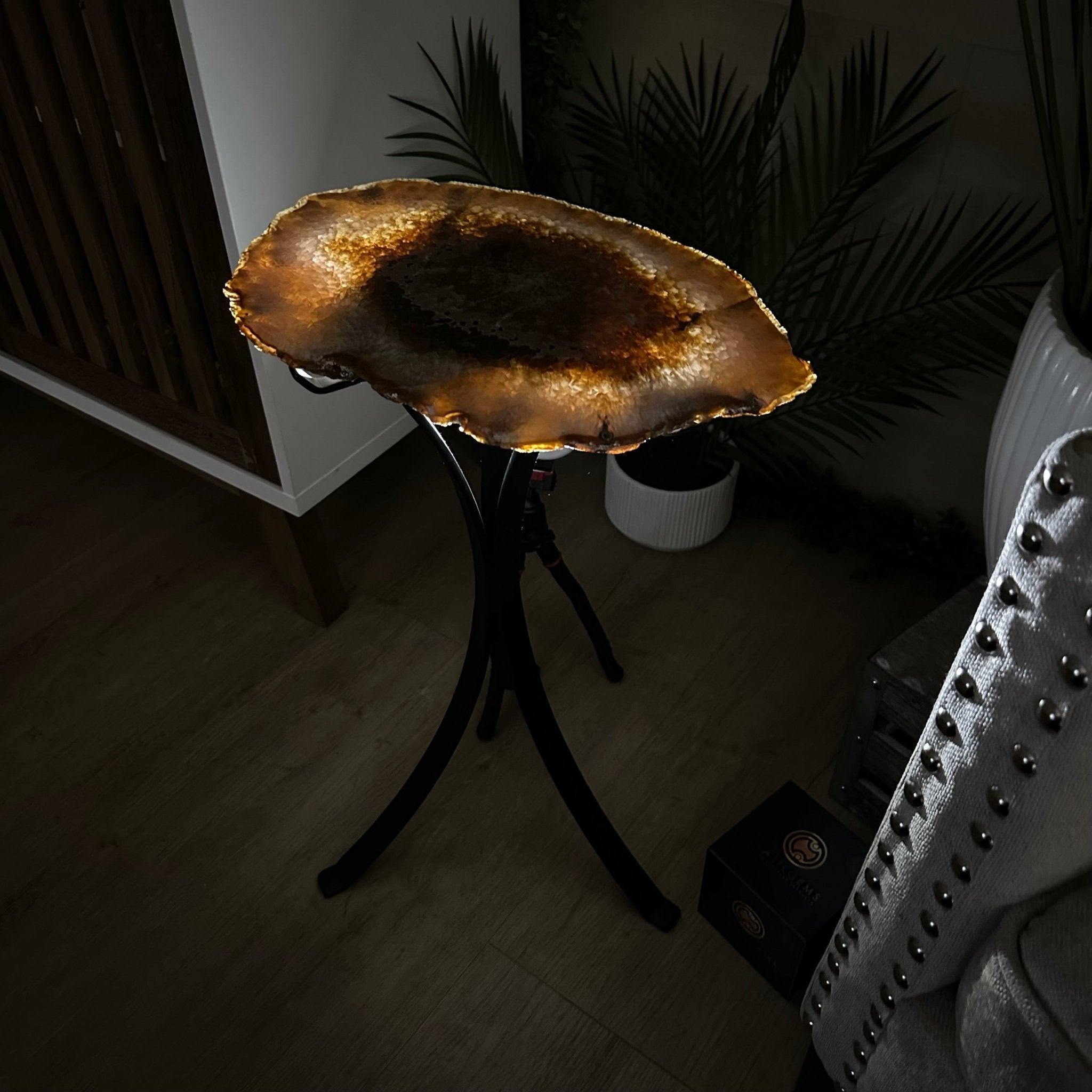 Natural Brazilian Agate Side Table on a black metal base, 21.5" Tall 1305 - 0173 - Brazil GemsBrazil GemsNatural Brazilian Agate Side Table on a black metal base, 21.5" Tall 1305 - 0173Tables: Side1305 - 0173