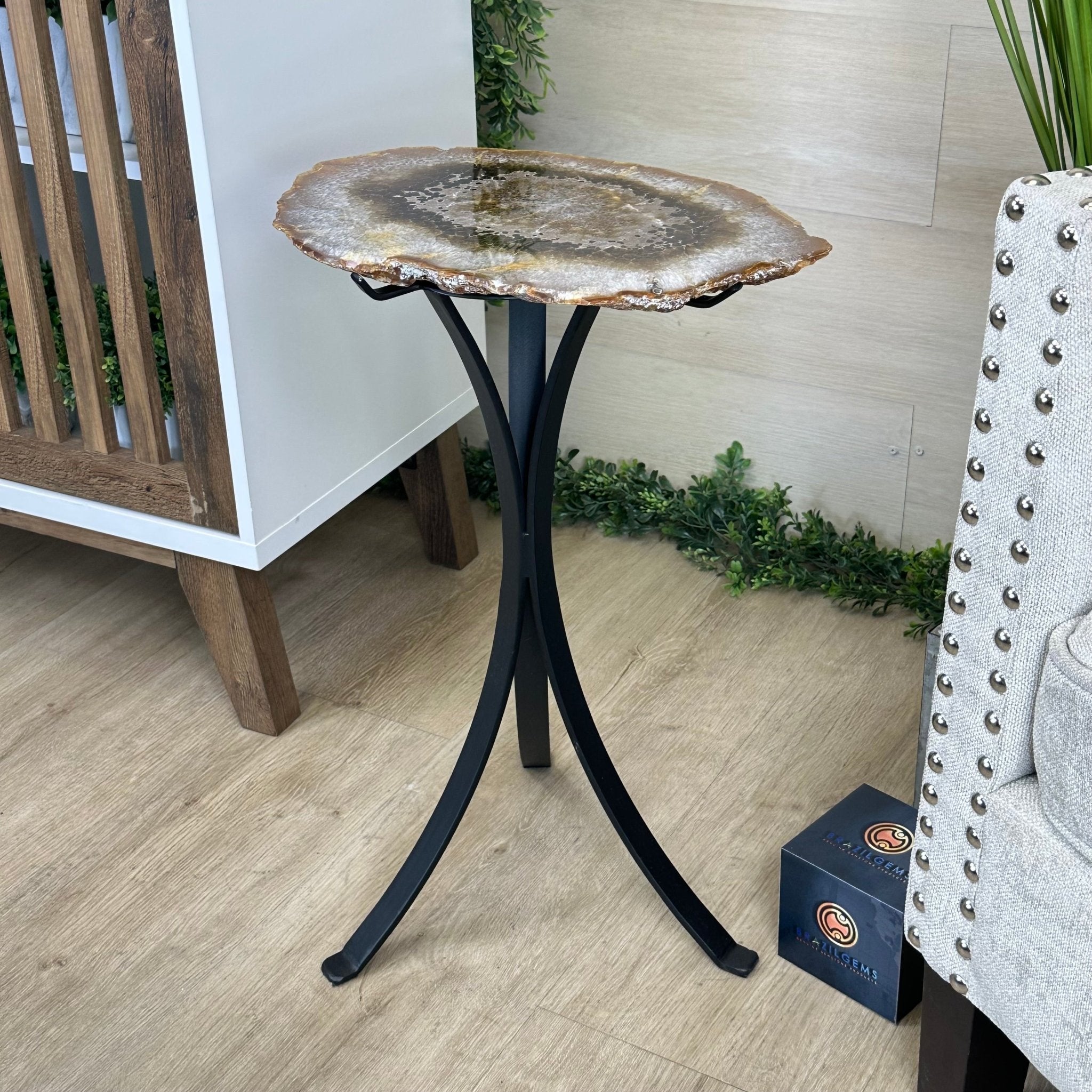 Natural Brazilian Agate Side Table on a black metal base, 21.5" Tall 1305 - 0173 - Brazil GemsBrazil GemsNatural Brazilian Agate Side Table on a black metal base, 21.5" Tall 1305 - 0173Tables: Side1305 - 0173