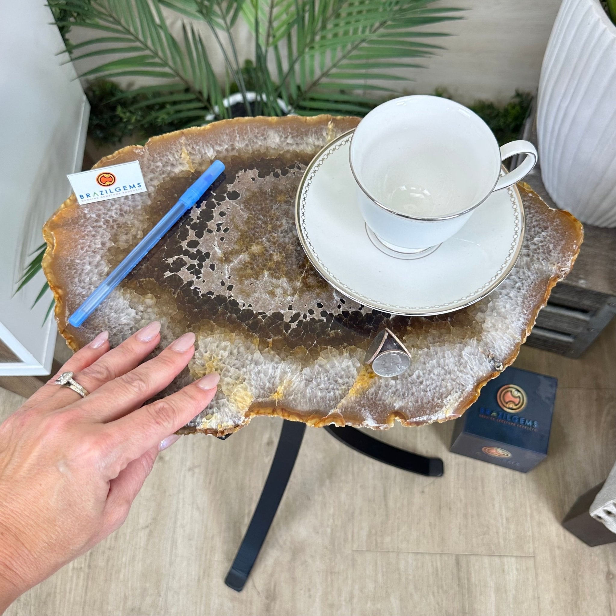 Natural Brazilian Agate Side Table on a black metal base, 21.5" Tall 1305 - 0173 - Brazil GemsBrazil GemsNatural Brazilian Agate Side Table on a black metal base, 21.5" Tall 1305 - 0173Tables: Side1305 - 0173