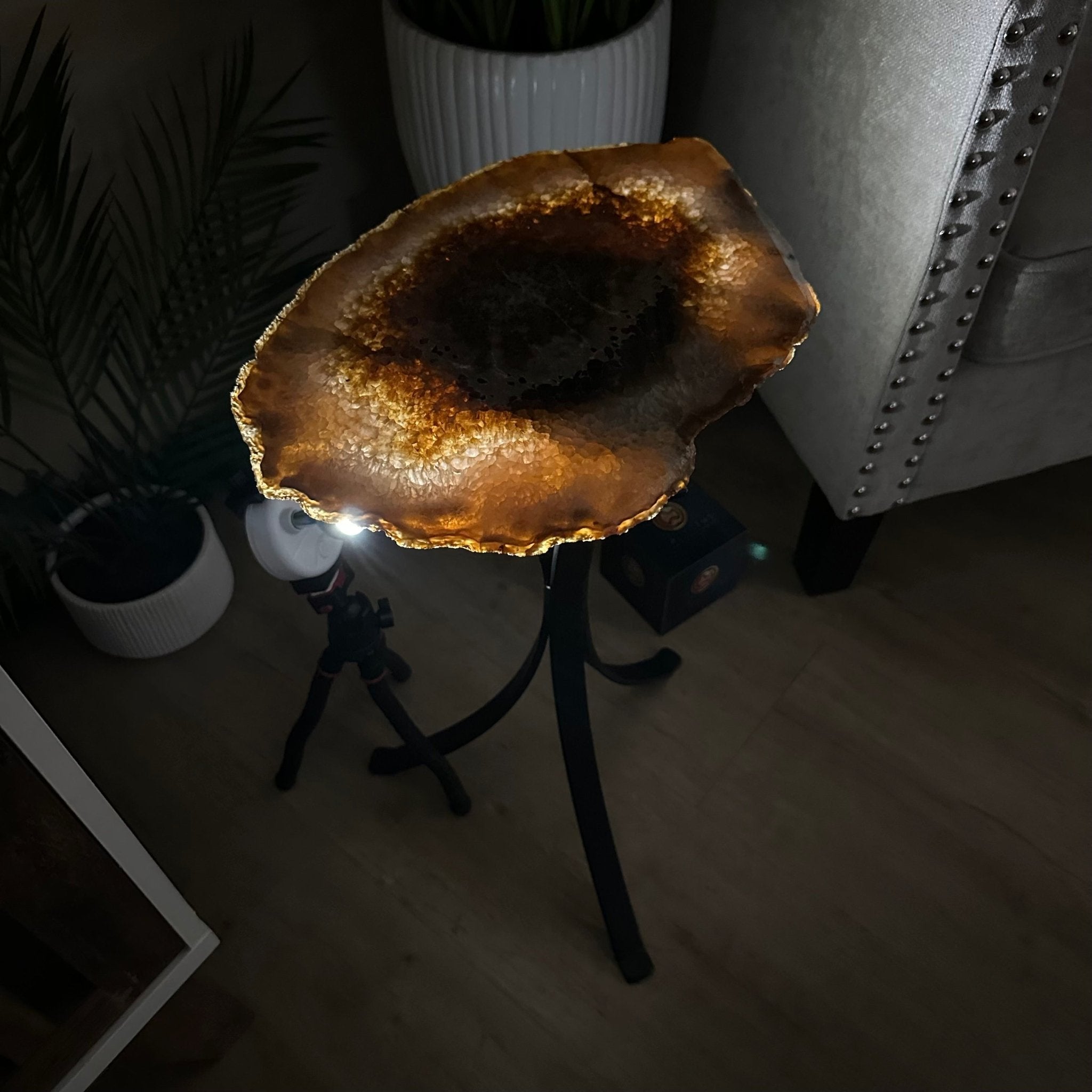 Natural Brazilian Agate Side Table on a black metal base, 21.5" Tall 1305 - 0173 - Brazil GemsBrazil GemsNatural Brazilian Agate Side Table on a black metal base, 21.5" Tall 1305 - 0173Tables: Side1305 - 0173