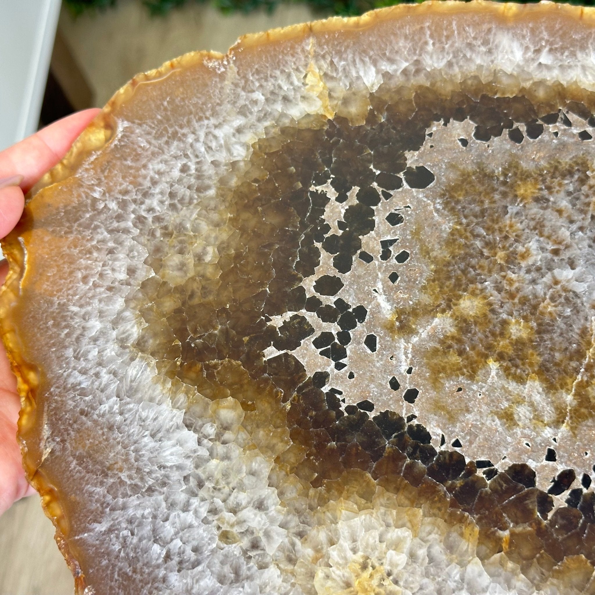 Natural Brazilian Agate Side Table on a black metal base, 21.5" Tall 1305 - 0173 - Brazil GemsBrazil GemsNatural Brazilian Agate Side Table on a black metal base, 21.5" Tall 1305 - 0173Tables: Side1305 - 0173