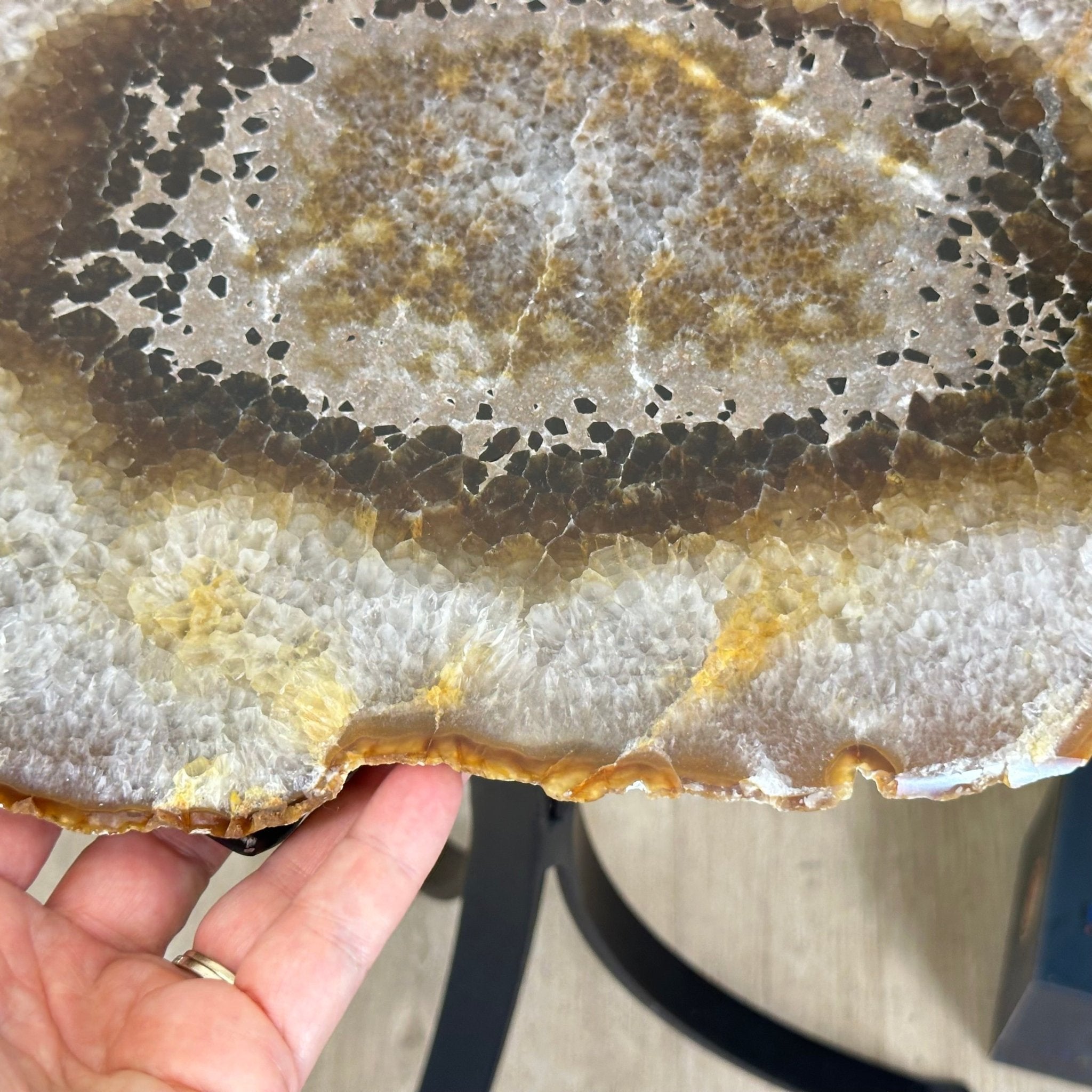 Natural Brazilian Agate Side Table on a black metal base, 21.5" Tall 1305 - 0173 - Brazil GemsBrazil GemsNatural Brazilian Agate Side Table on a black metal base, 21.5" Tall 1305 - 0173Tables: Side1305 - 0173
