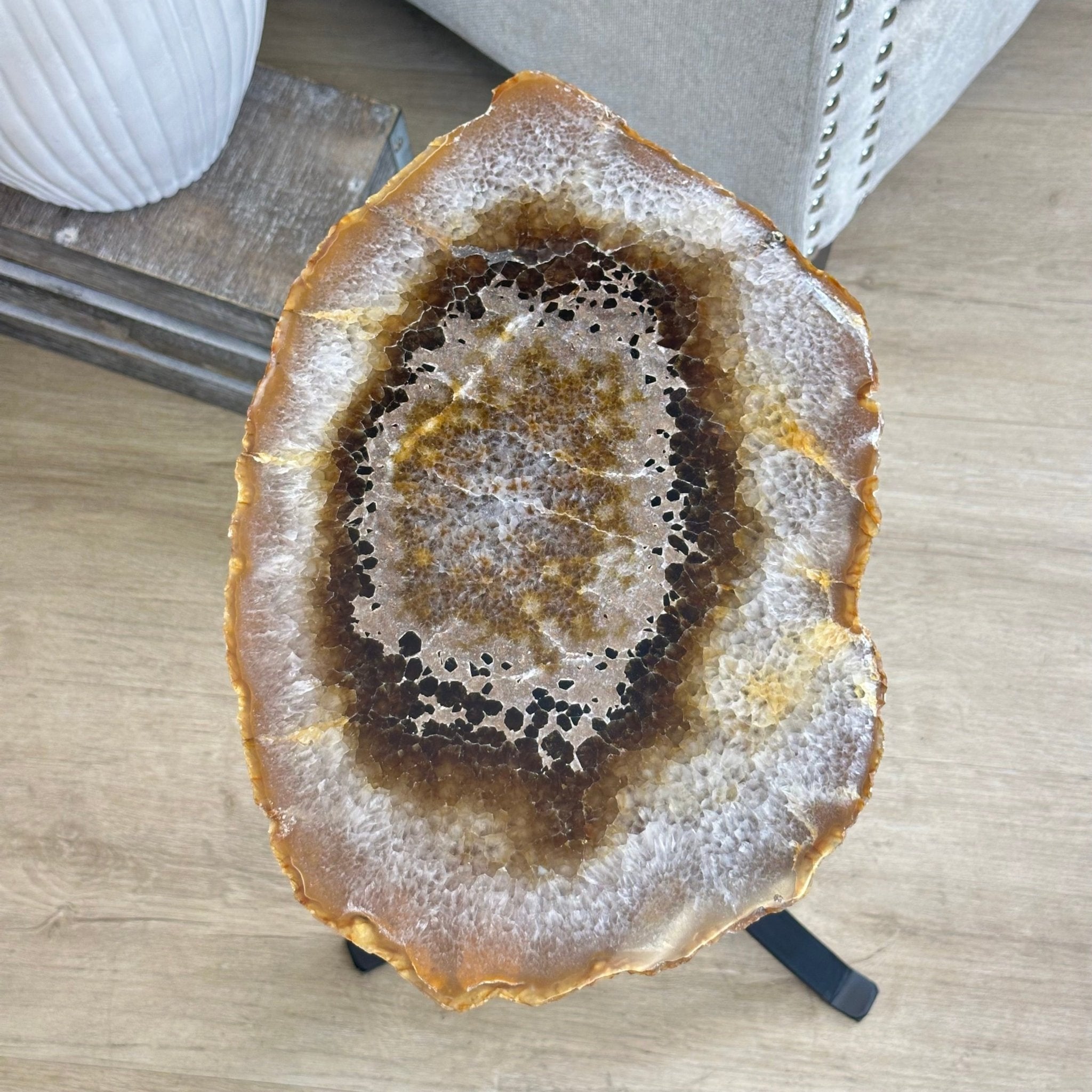Natural Brazilian Agate Side Table on a black metal base, 21.5" Tall 1305 - 0173 - Brazil GemsBrazil GemsNatural Brazilian Agate Side Table on a black metal base, 21.5" Tall 1305 - 0173Tables: Side1305 - 0173