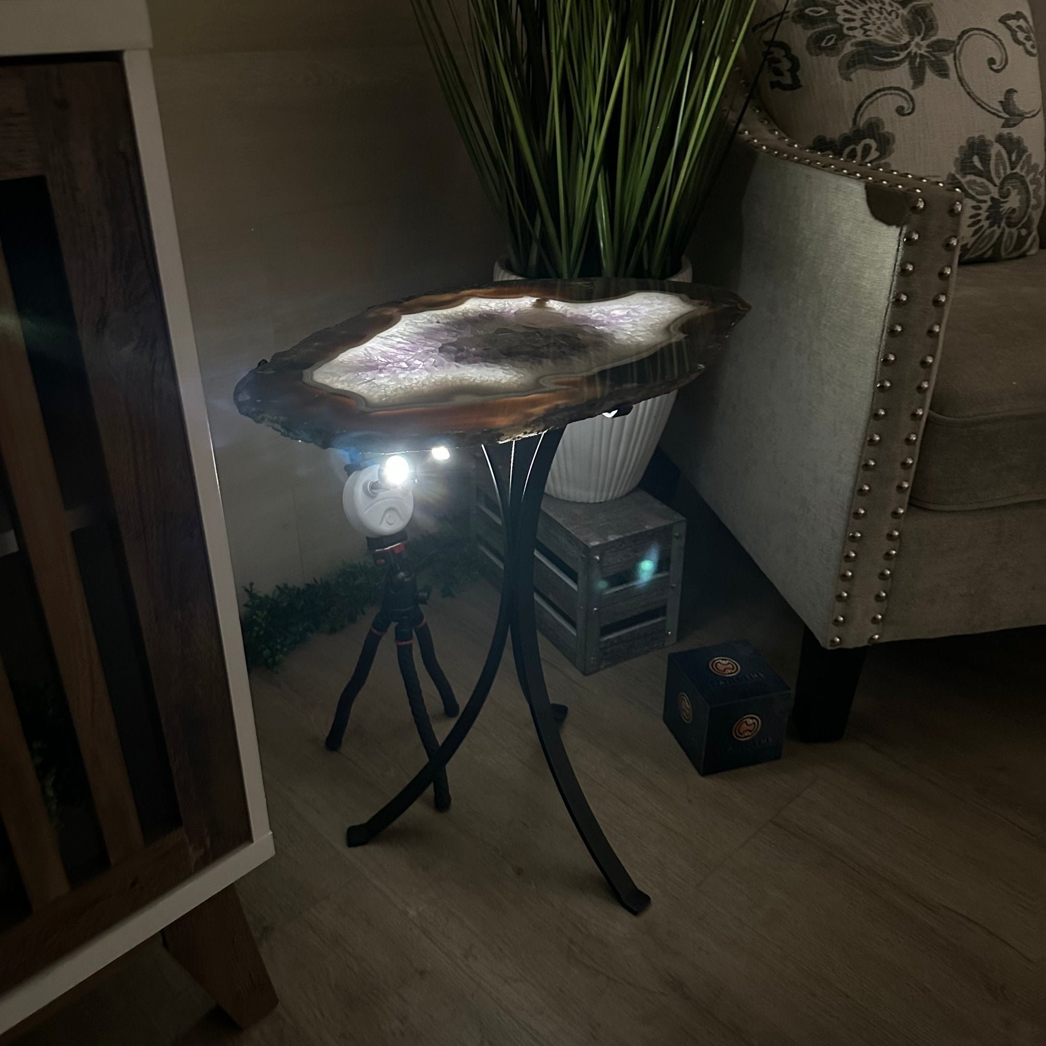 Natural Brazilian Agate Side Table on a black metal base, 21.5" Tall 1305 - 0182 - Brazil GemsBrazil GemsNatural Brazilian Agate Side Table on a black metal base, 21.5" Tall 1305 - 0182Tables: Side1305 - 0182