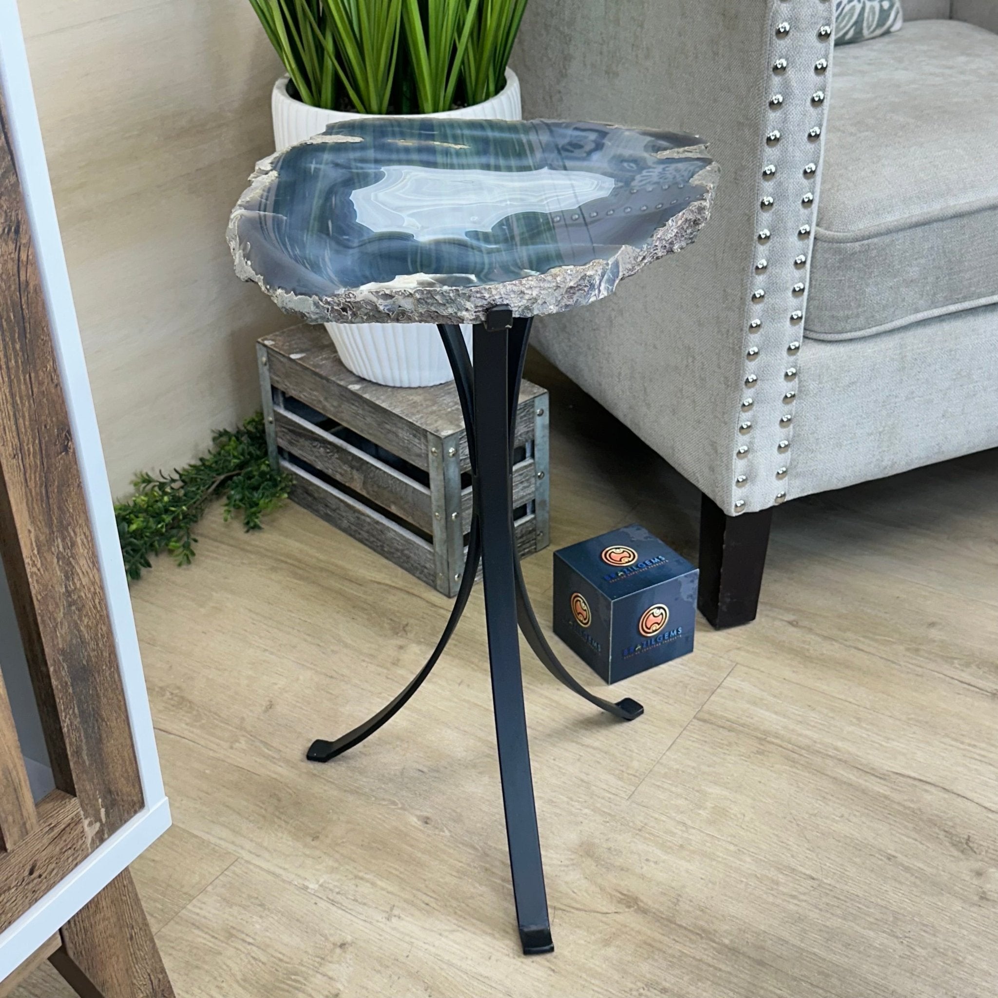 Natural Brazilian Agate Side Table on a black metal base, 21.9" Tall 1305 - 0184 - Brazil GemsBrazil GemsNatural Brazilian Agate Side Table on a black metal base, 21.9" Tall 1305 - 0184Tables: Side1305 - 0184
