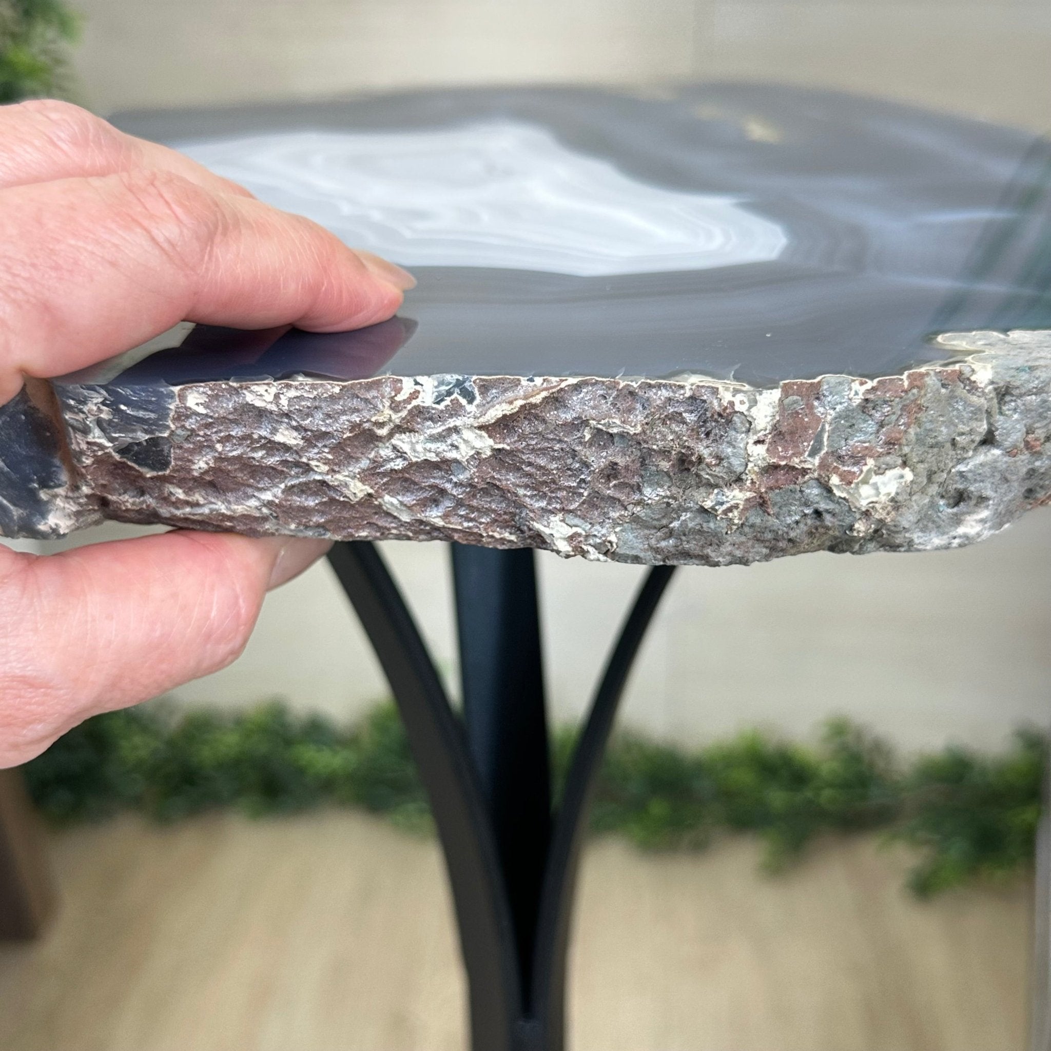 Natural Brazilian Agate Side Table on a black metal base, 21.9" Tall 1305 - 0184 - Brazil GemsBrazil GemsNatural Brazilian Agate Side Table on a black metal base, 21.9" Tall 1305 - 0184Tables: Side1305 - 0184