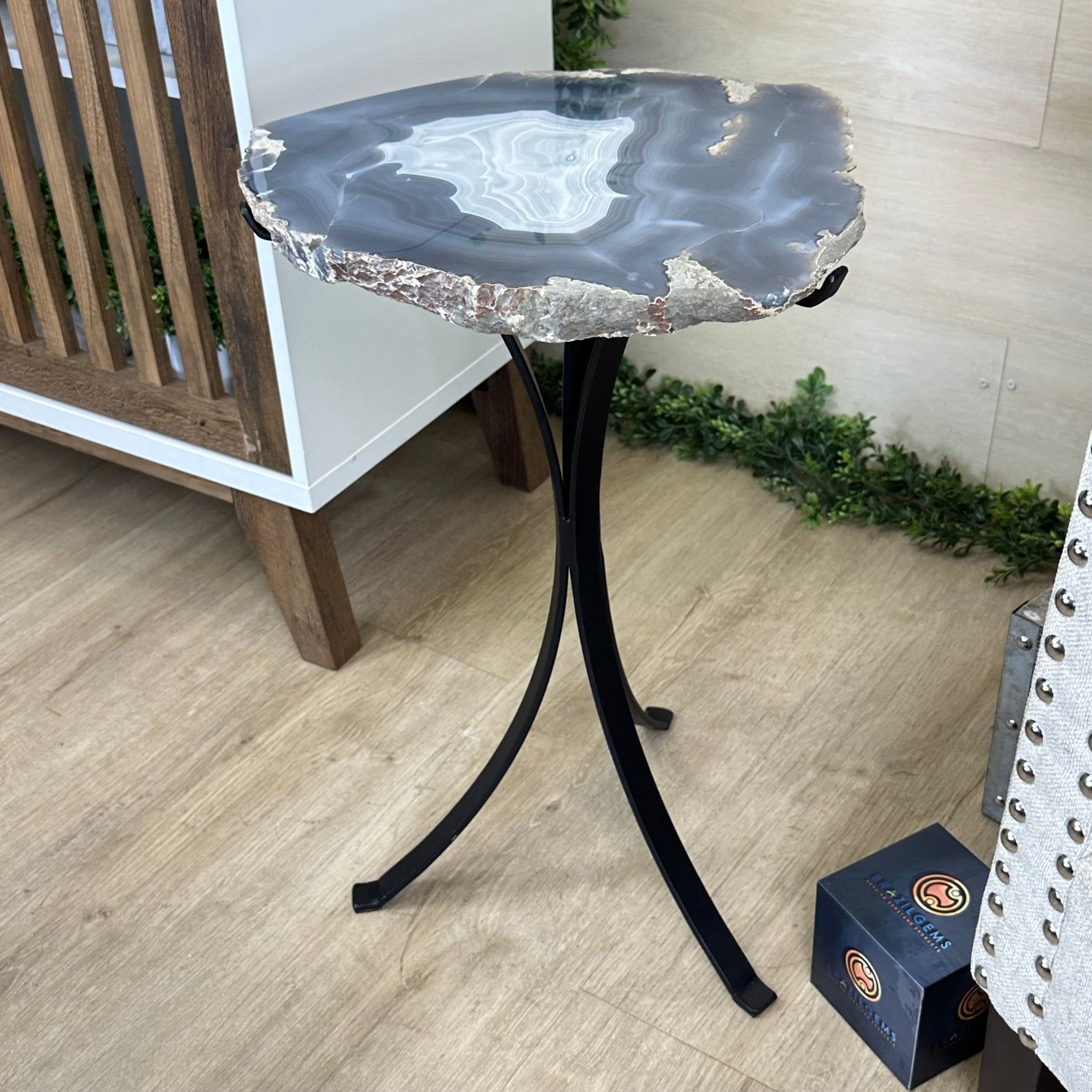 Natural Brazilian Agate Side Table on a black metal base, 21.9" Tall 1305 - 0184 - Brazil GemsBrazil GemsNatural Brazilian Agate Side Table on a black metal base, 21.9" Tall 1305 - 0184Tables: Side1305 - 0184