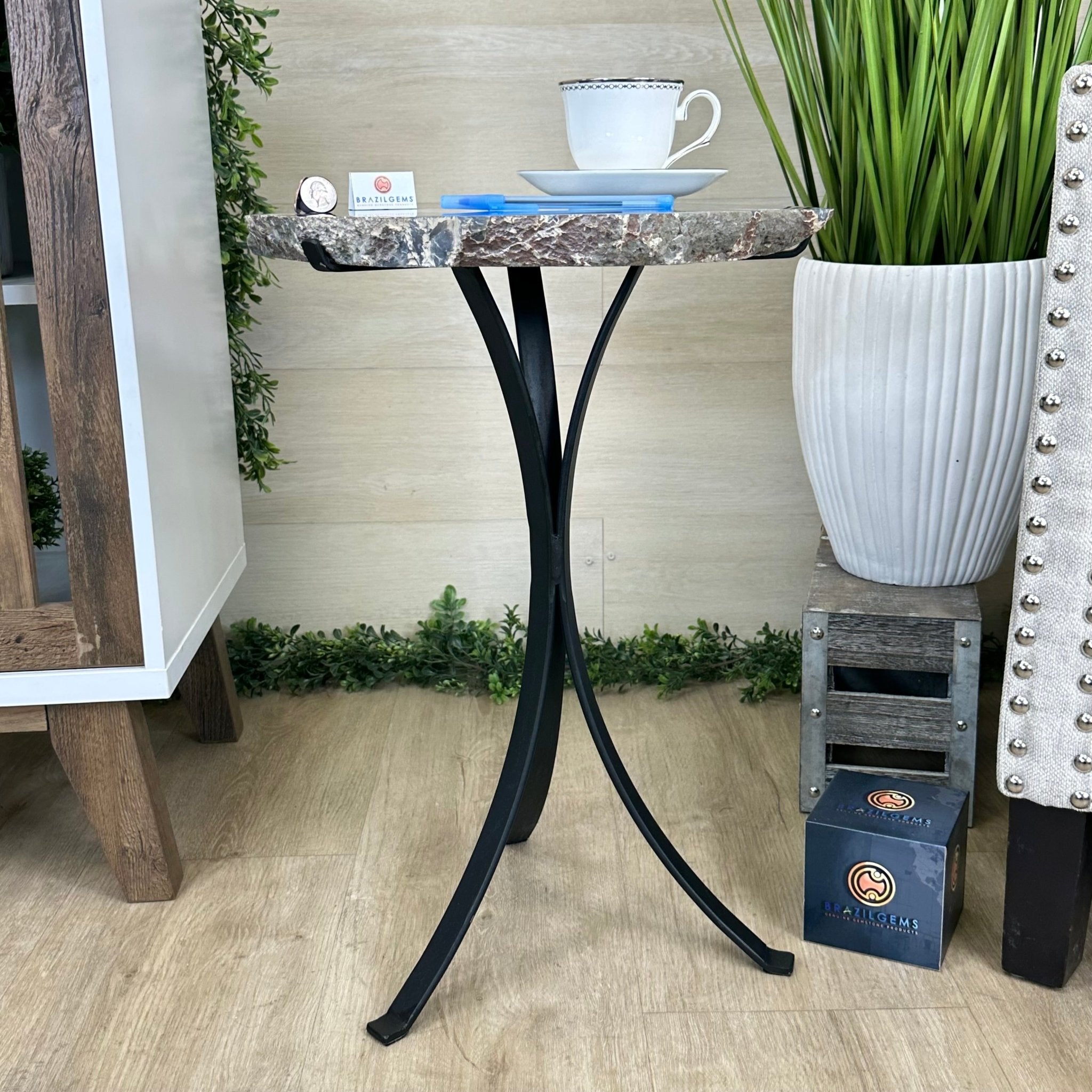 Natural Brazilian Agate Side Table on a black metal base, 21.9" Tall 1305 - 0184 - Brazil GemsBrazil GemsNatural Brazilian Agate Side Table on a black metal base, 21.9" Tall 1305 - 0184Tables: Side1305 - 0184
