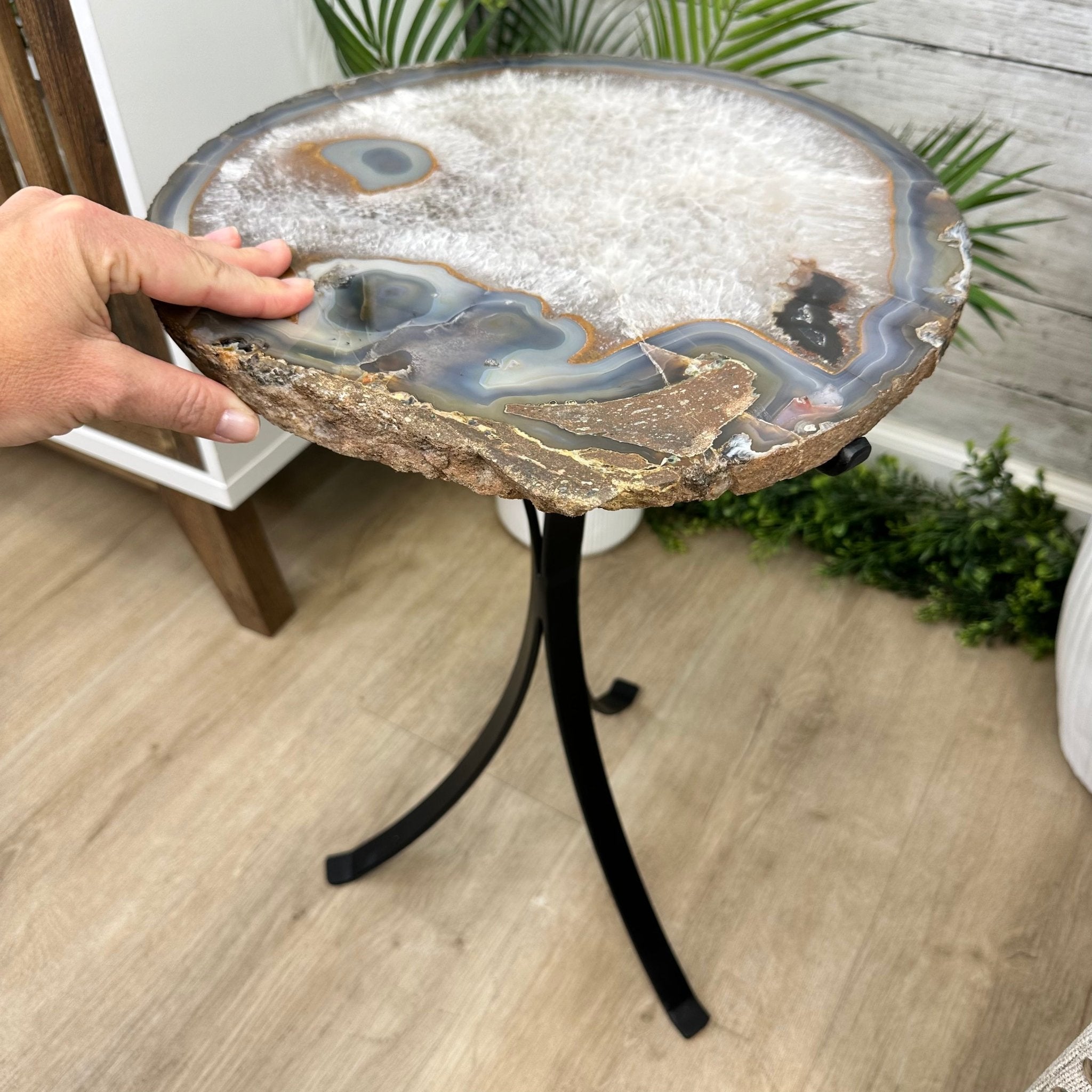 Natural Brazilian Agate Side Table on a black metal base, 22" tall #1306-0040 by Brazil Gems - Brazil GemsBrazil GemsNatural Brazilian Agate Side Table on a black metal base, 22" tall #1306-0040 by Brazil GemsTables: Side1306-0040
