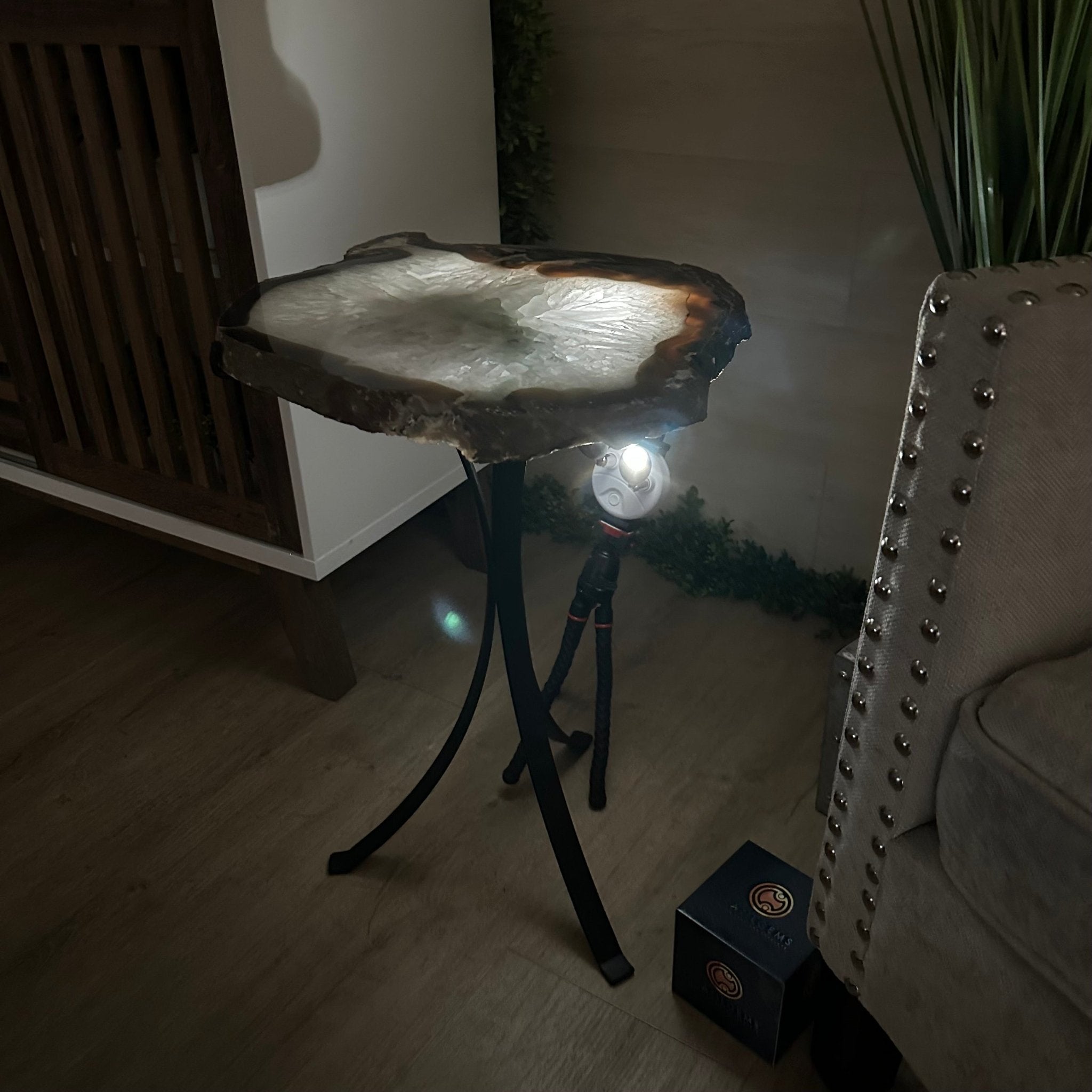Natural Brazilian Agate Side Table on a black metal base, 22" Tall 1306 - 0046 - Brazil GemsBrazil GemsNatural Brazilian Agate Side Table on a black metal base, 22" Tall 1306 - 0046Tables: Side1306 - 0046