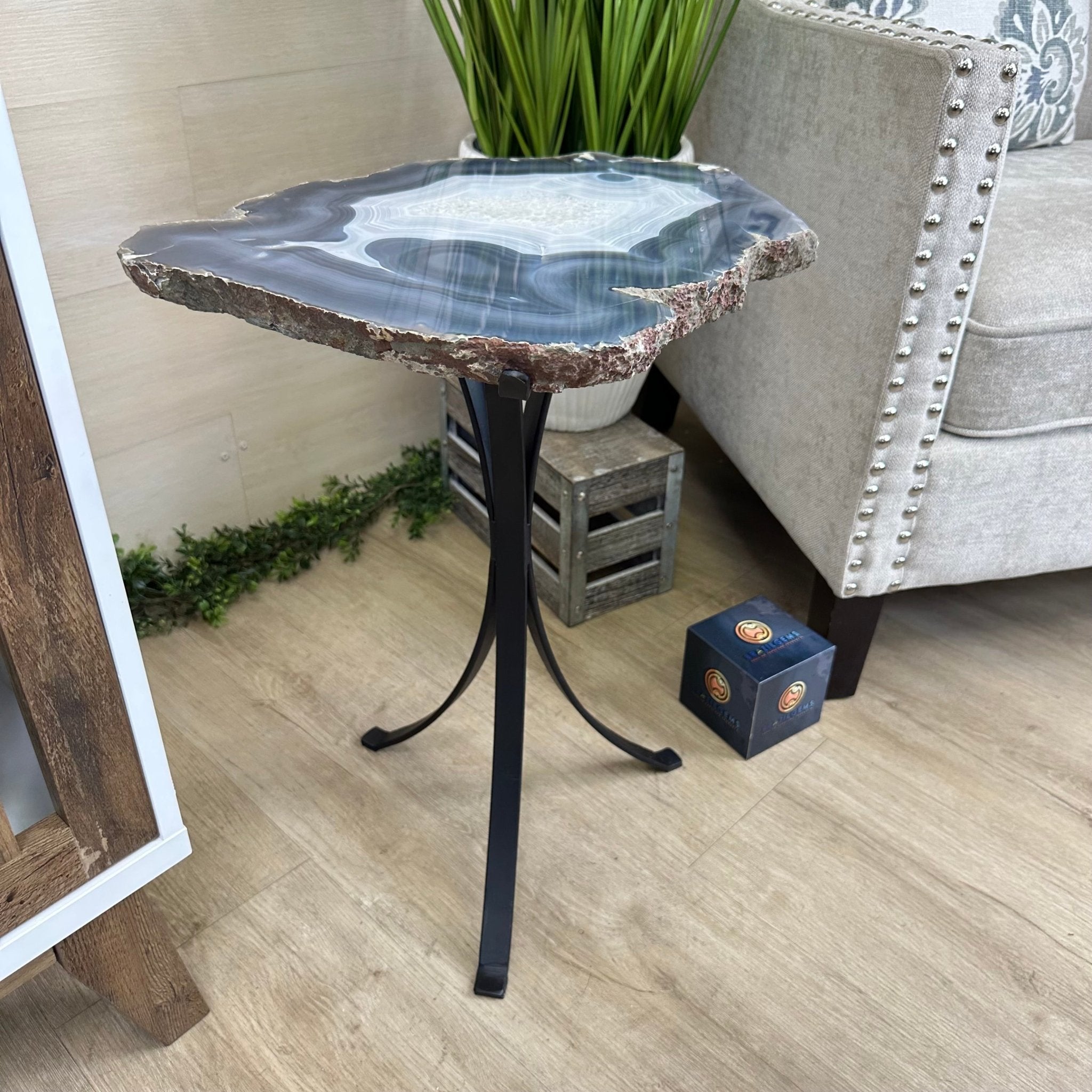 Natural Brazilian Agate Side Table on a black metal base, 22" Tall 1306 - 0047 - Brazil GemsBrazil GemsNatural Brazilian Agate Side Table on a black metal base, 22" Tall 1306 - 0047Tables: Side1306 - 0047