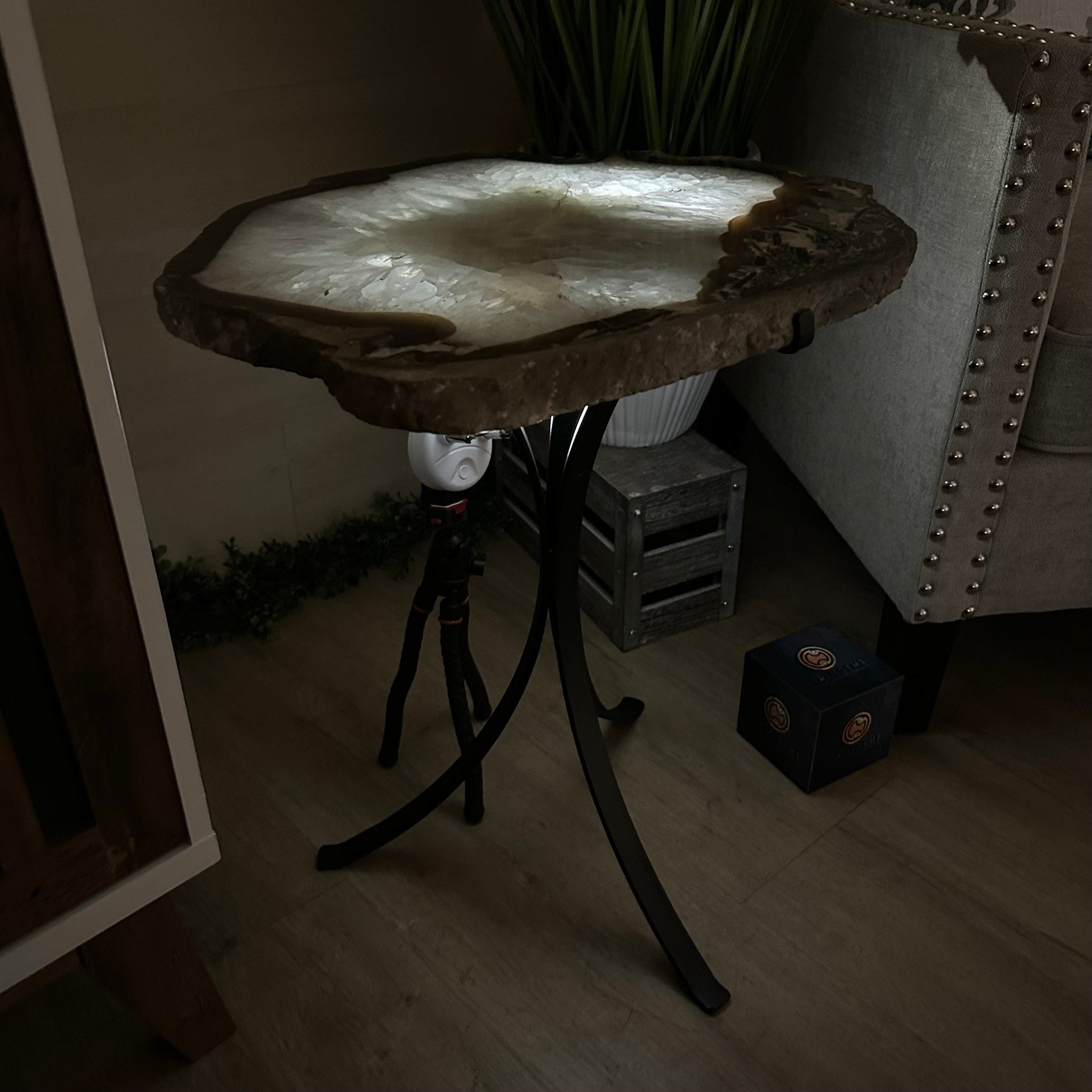 Natural Brazilian Agate Side Table on a black metal base, 22" Tall 1306 - 0050 - Brazil GemsBrazil GemsNatural Brazilian Agate Side Table on a black metal base, 22" Tall 1306 - 0050Tables: Side1306 - 0050
