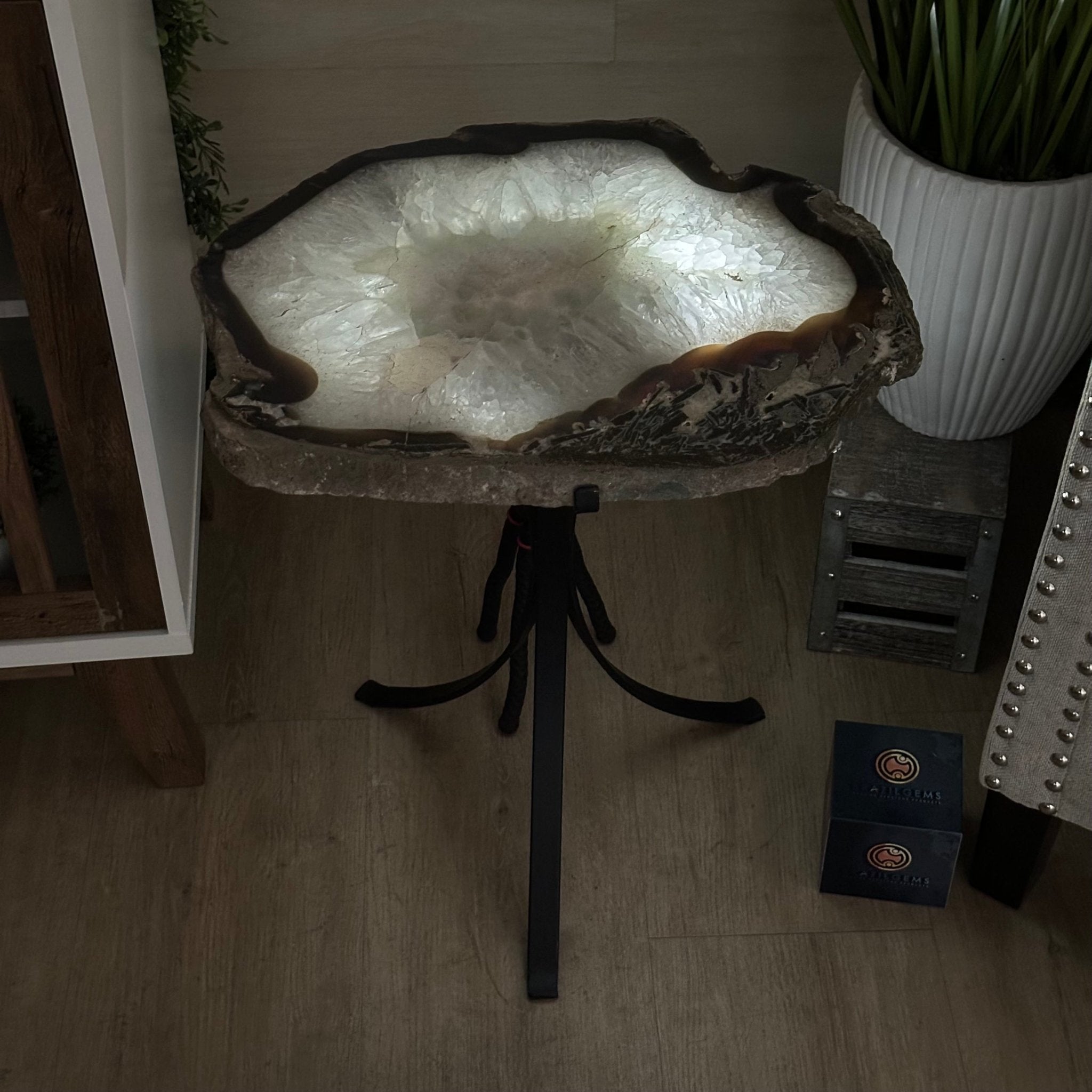 Natural Brazilian Agate Side Table on a black metal base, 22" Tall 1306 - 0050 - Brazil GemsBrazil GemsNatural Brazilian Agate Side Table on a black metal base, 22" Tall 1306 - 0050Tables: Side1306 - 0050
