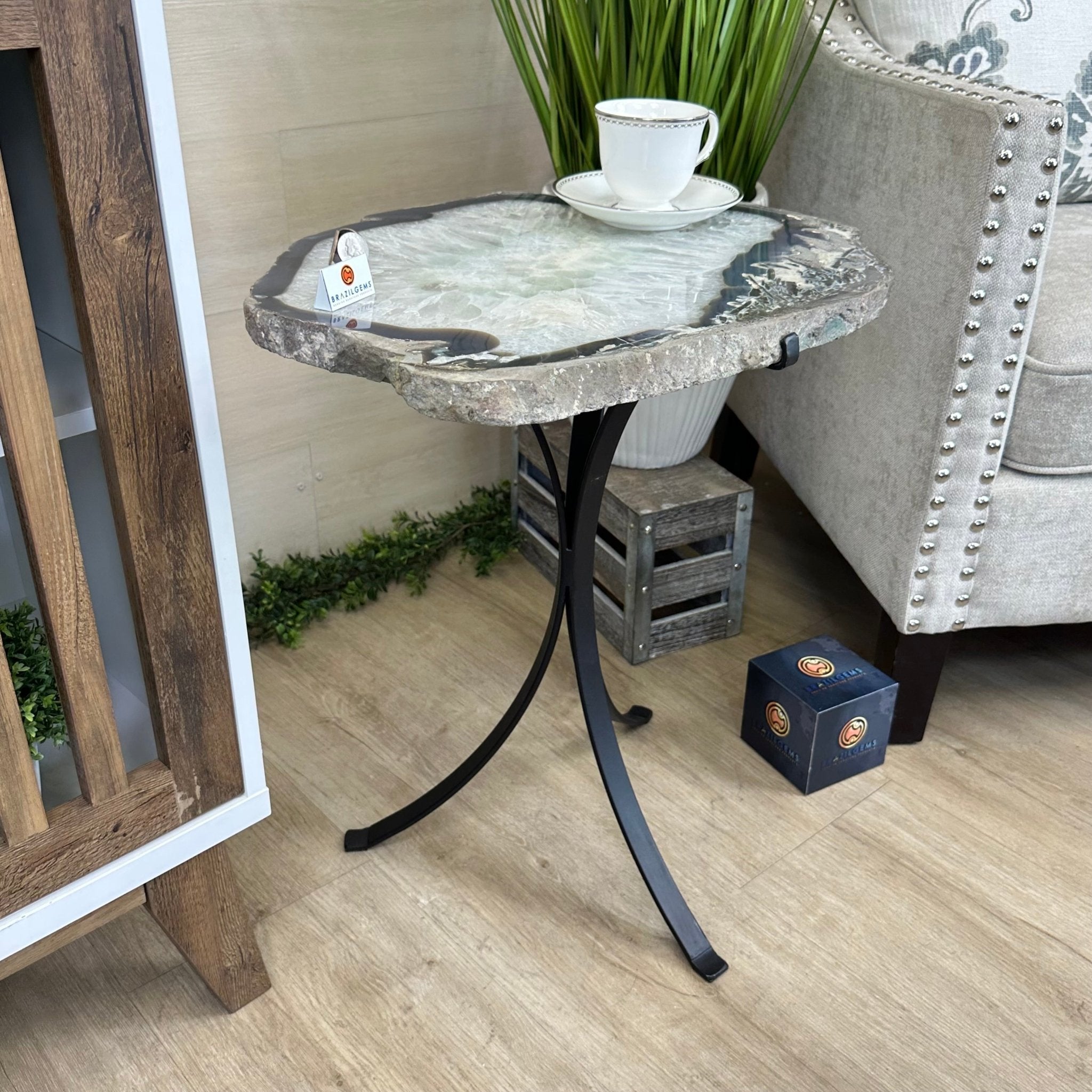 Natural Brazilian Agate Side Table on a black metal base, 22" Tall 1306 - 0050 - Brazil GemsBrazil GemsNatural Brazilian Agate Side Table on a black metal base, 22" Tall 1306 - 0050Tables: Side1306 - 0050