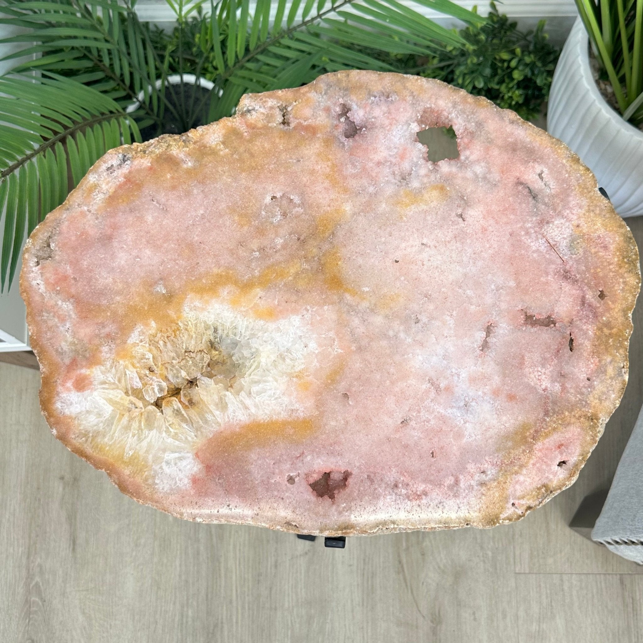 Natural Brazilian Pink Amethyst Side Table on a black metal base, 22" tall #1382-0009 - Brazil GemsBrazil GemsNatural Brazilian Pink Amethyst Side Table on a black metal base, 22" tall #1382-0009Tables: Side1382-0009