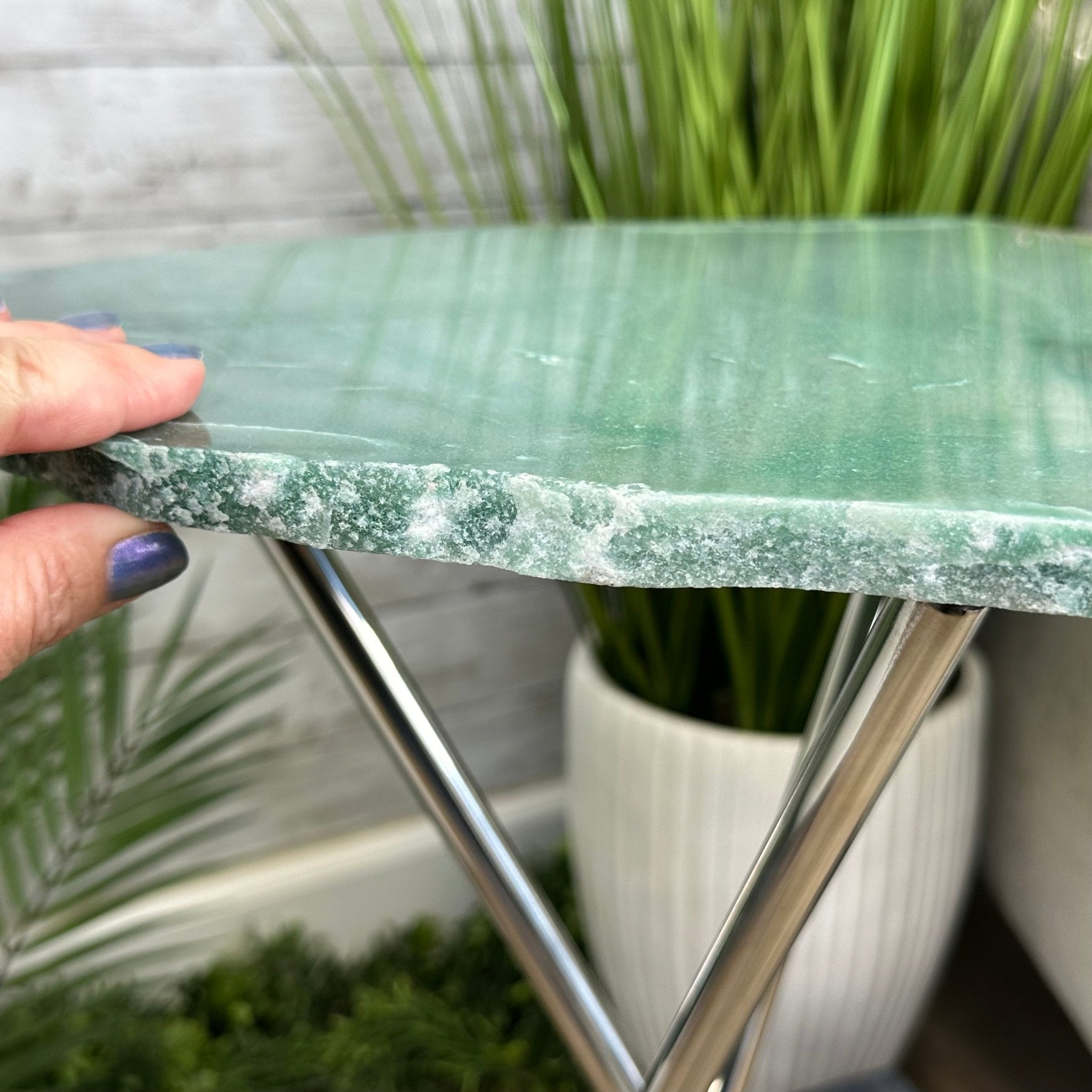 Natural Green Quartz Side Table on a Chrome Metal Base, 23.6" Tall #1341GQ-002 - Brazil GemsBrazil GemsNatural Green Quartz Side Table on a Chrome Metal Base, 23.6" Tall #1341GQ-002Tables: Side1341GQ-002