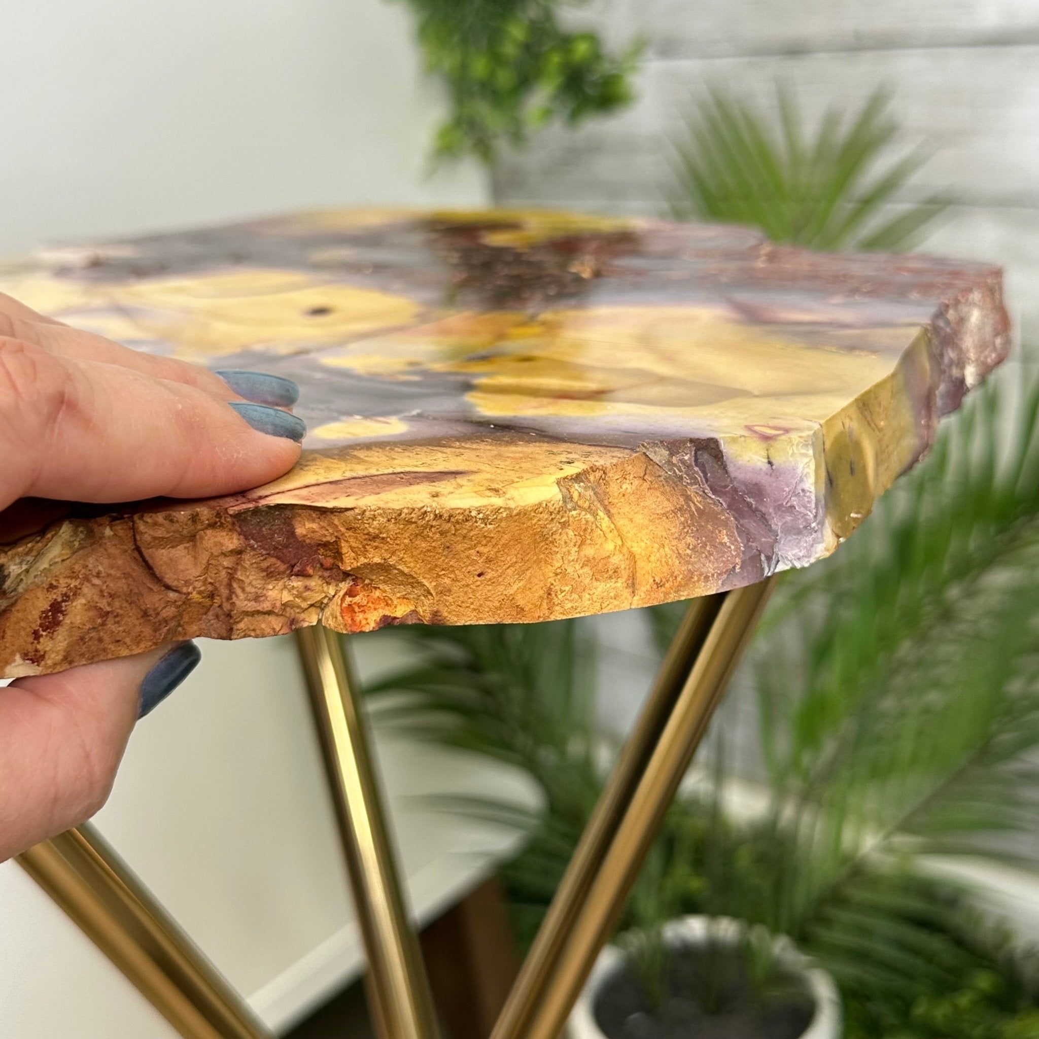 Natural Mookaite Jasper Side Table on Gold Metal Base, 24.8" Tall #1340MJ-002 - Brazil GemsBrazil GemsNatural Mookaite Jasper Side Table on Gold Metal Base, 24.8" Tall #1340MJ-002Tables: Side1340MJ-002